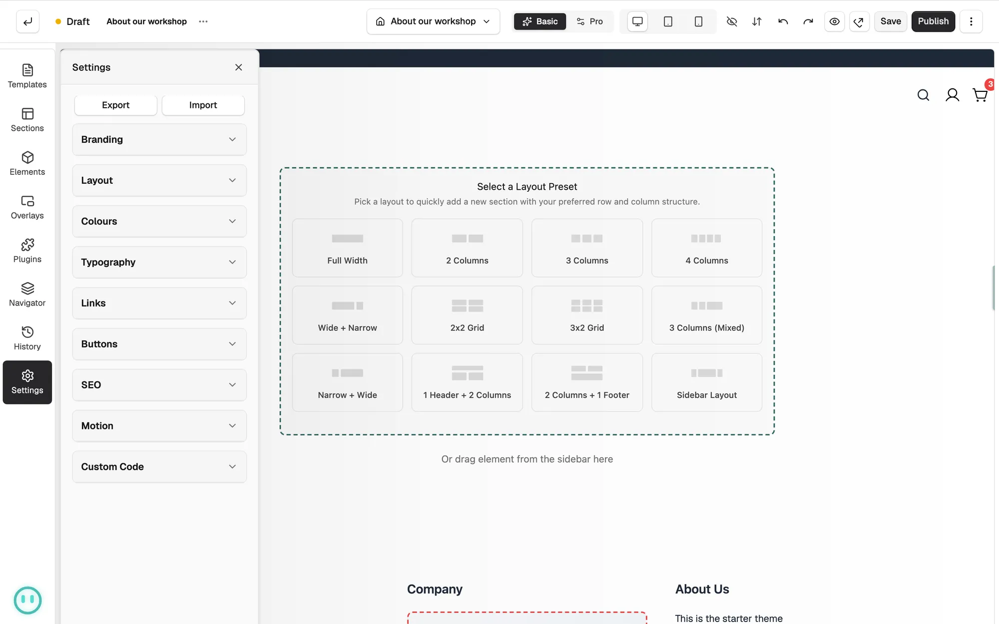 The Settings tab in the page builder with the Branding, Layout, Colours, Typography, Links, Buttons, SEO, Motion and Custom Code groups.