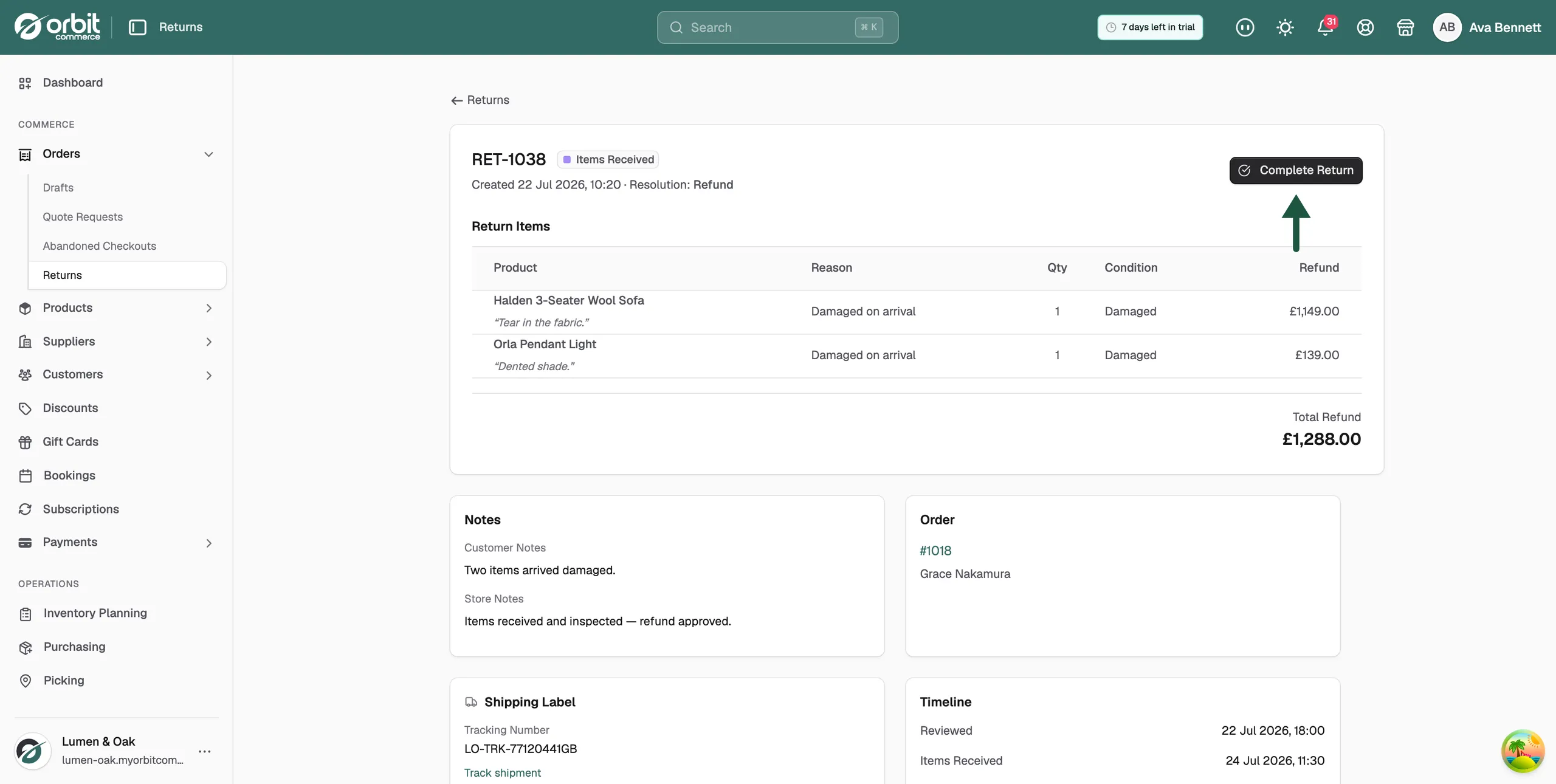 The Receive Return Items window, with a Condition list and a What happens to it list for each returned item