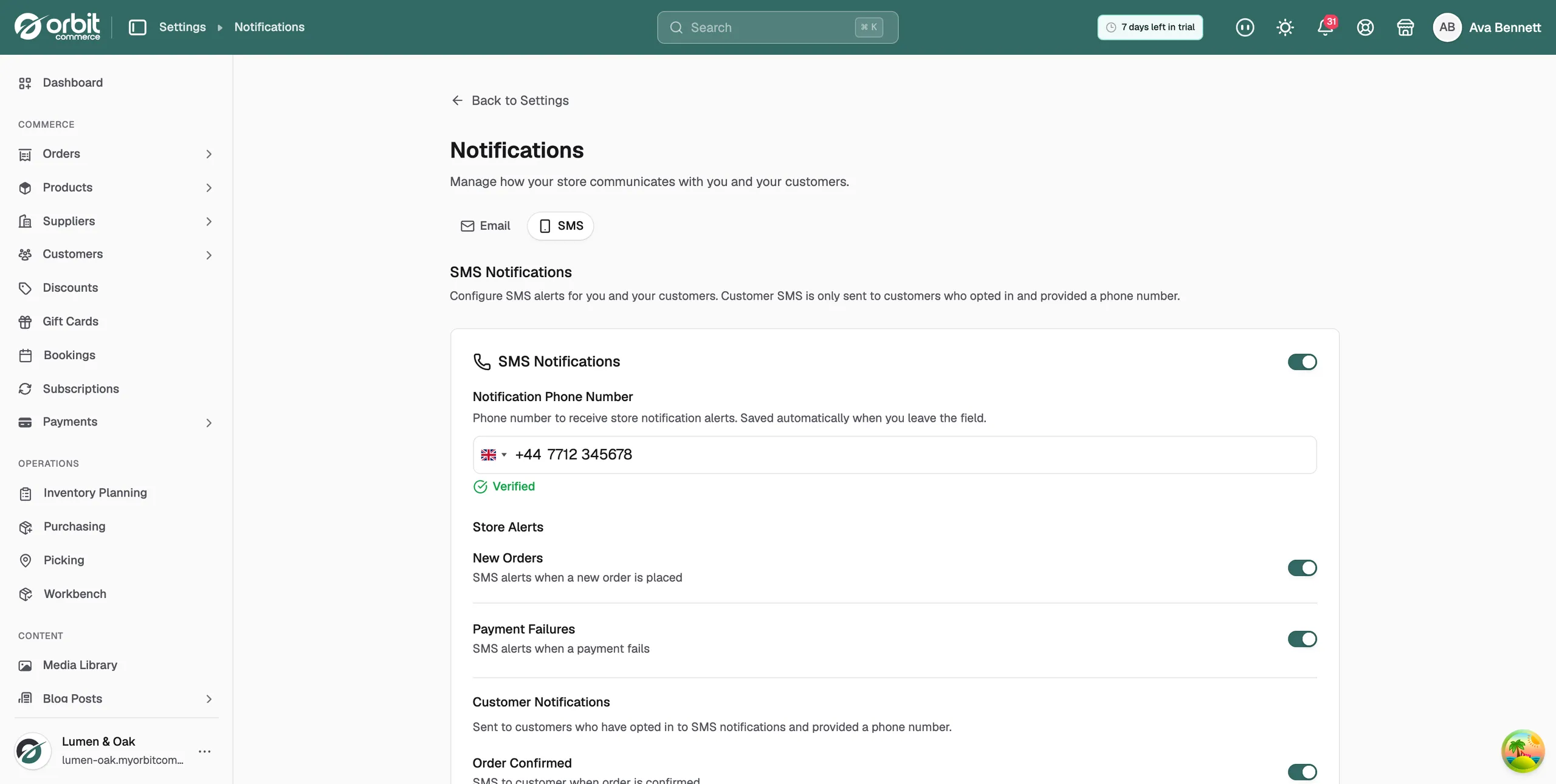 The SMS tab with the SMS Notifications switch and the Store Alerts and Customer Notifications lists