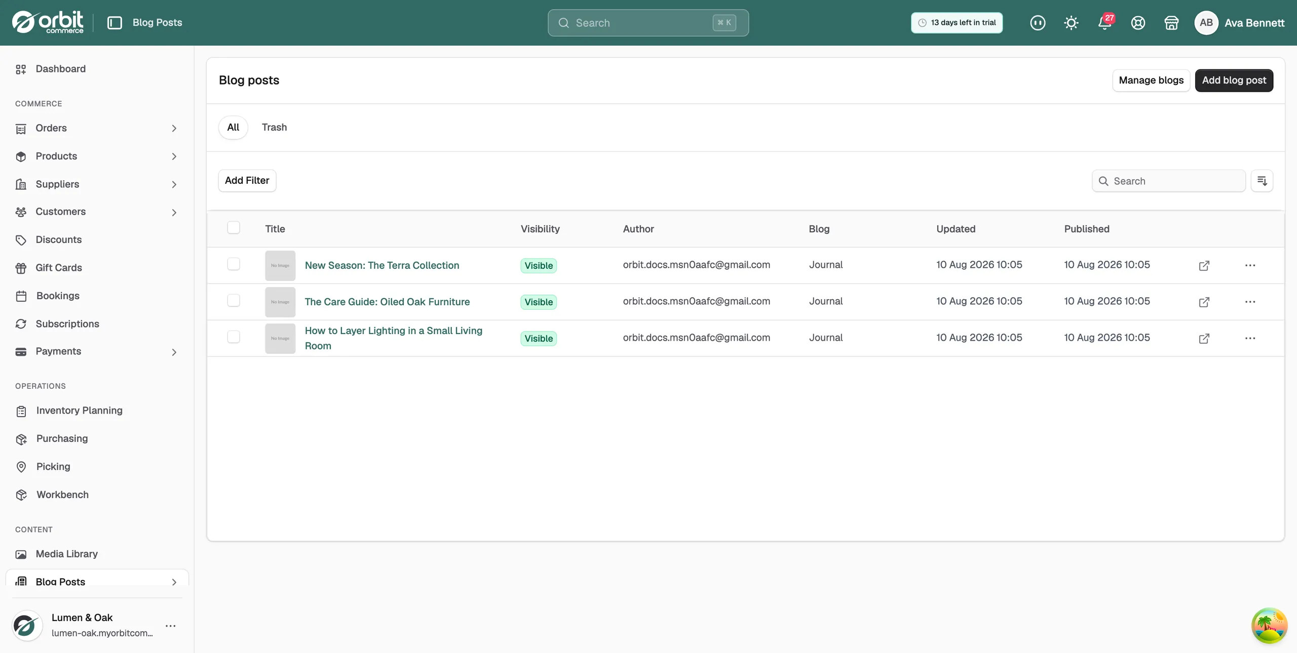 The Blog Posts page in the Orbit dashboard, showing the list of posts with the Title, Visibility, Author, Blog, Updated and Published columns