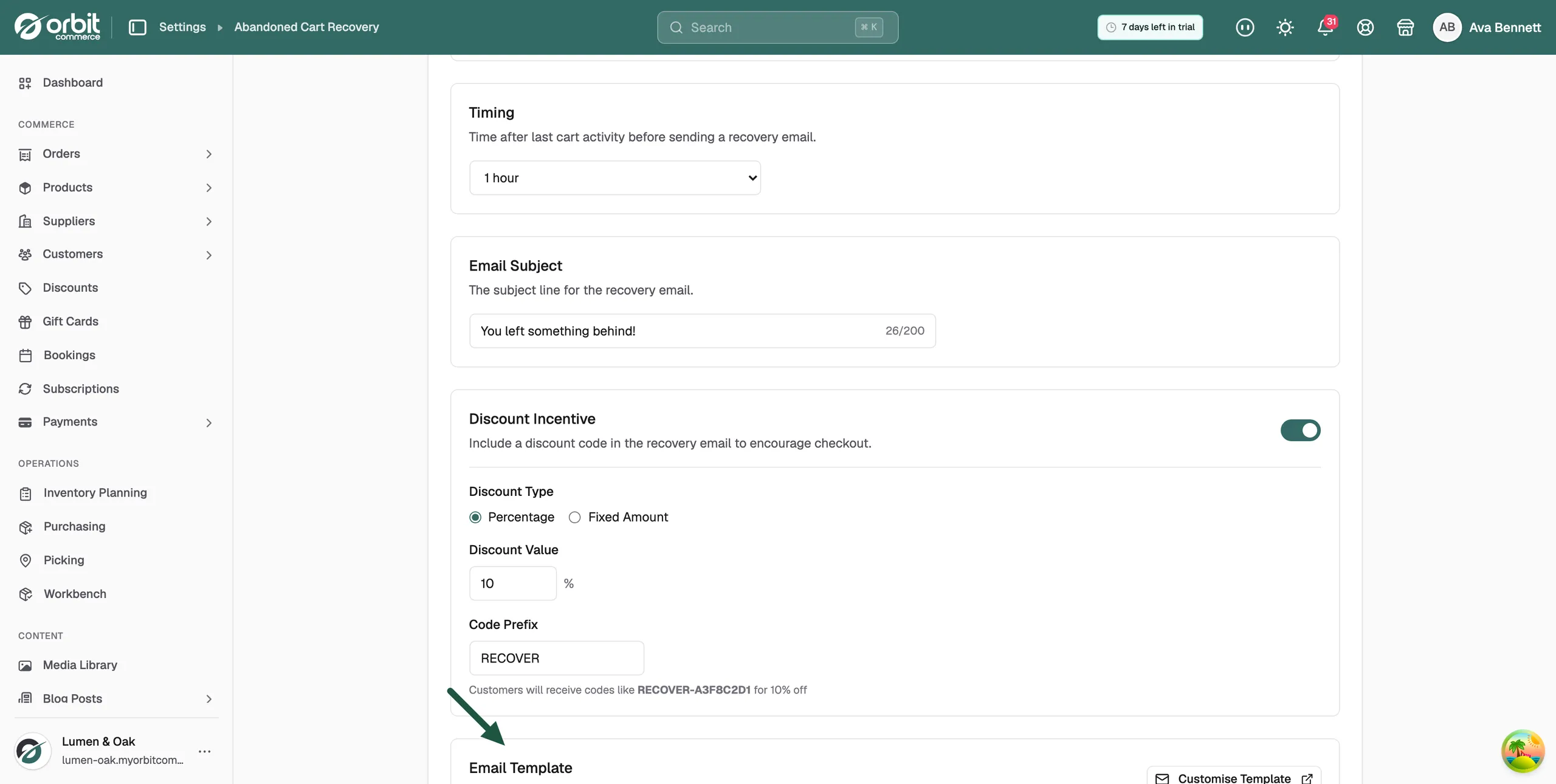 The Email Template card with the Customise Template button
