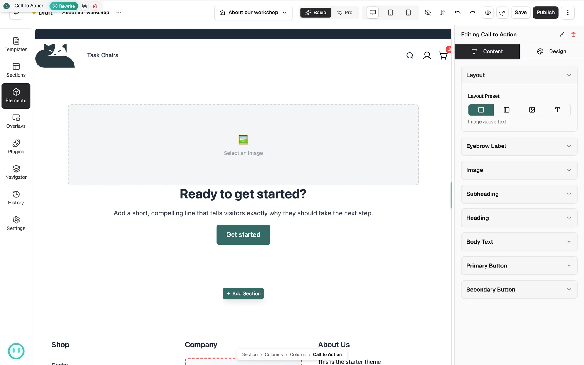 A Call to Action box on the canvas with the Content tab groups listed on the right.