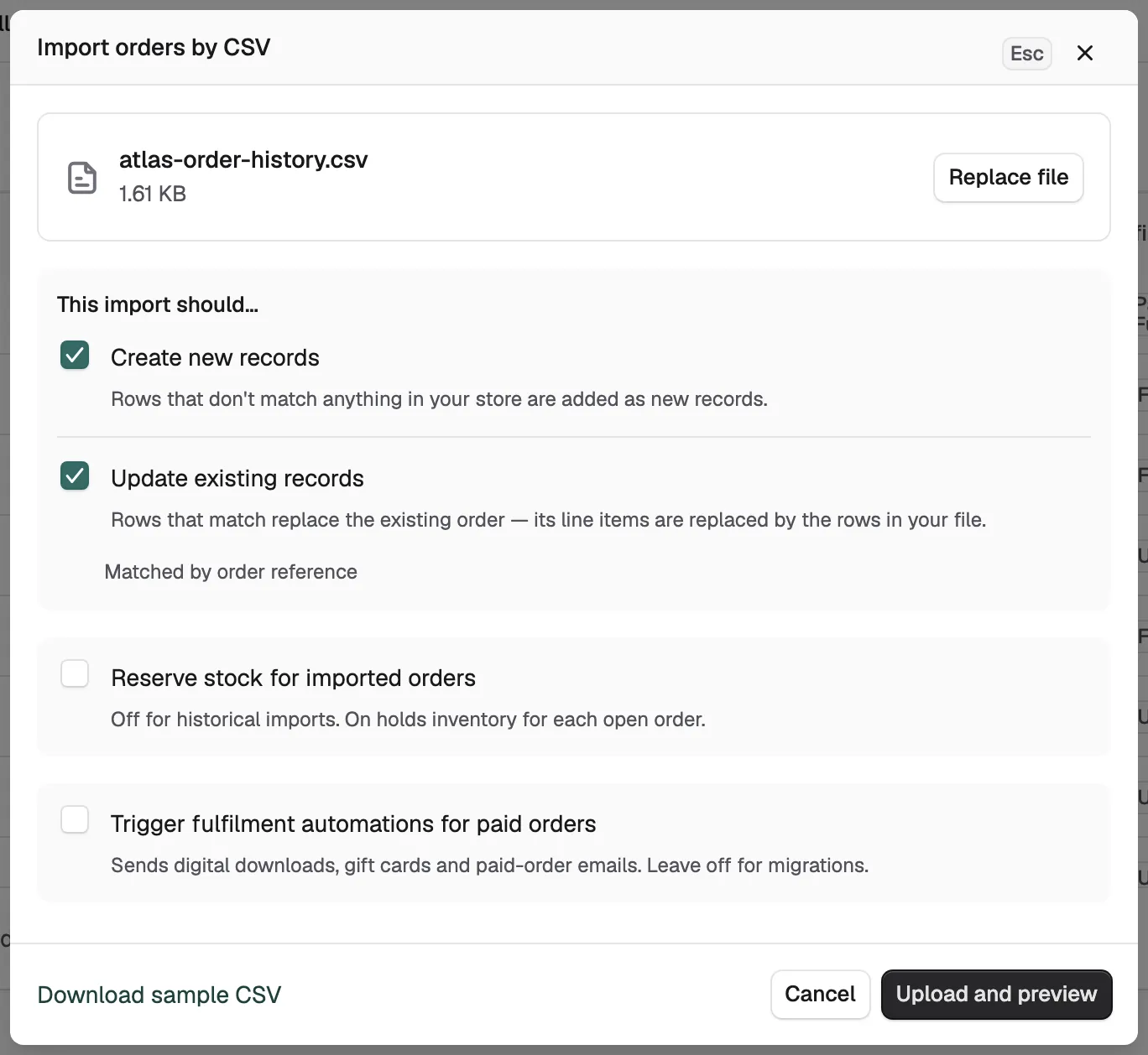 The Import orders by CSV window with a file added and the four import options below it.