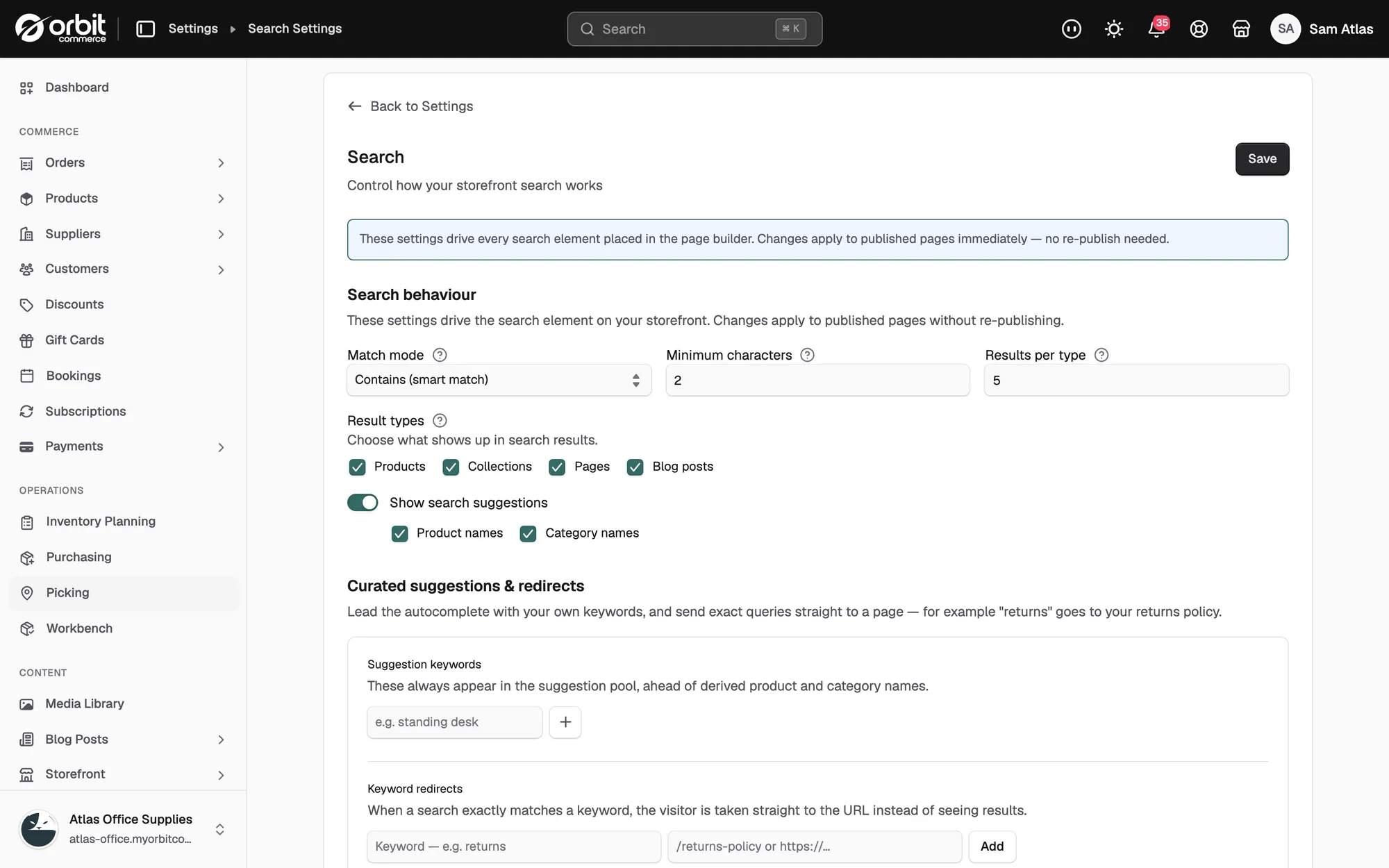 The Search settings page with match mode, minimum characters, results per type and the result types.