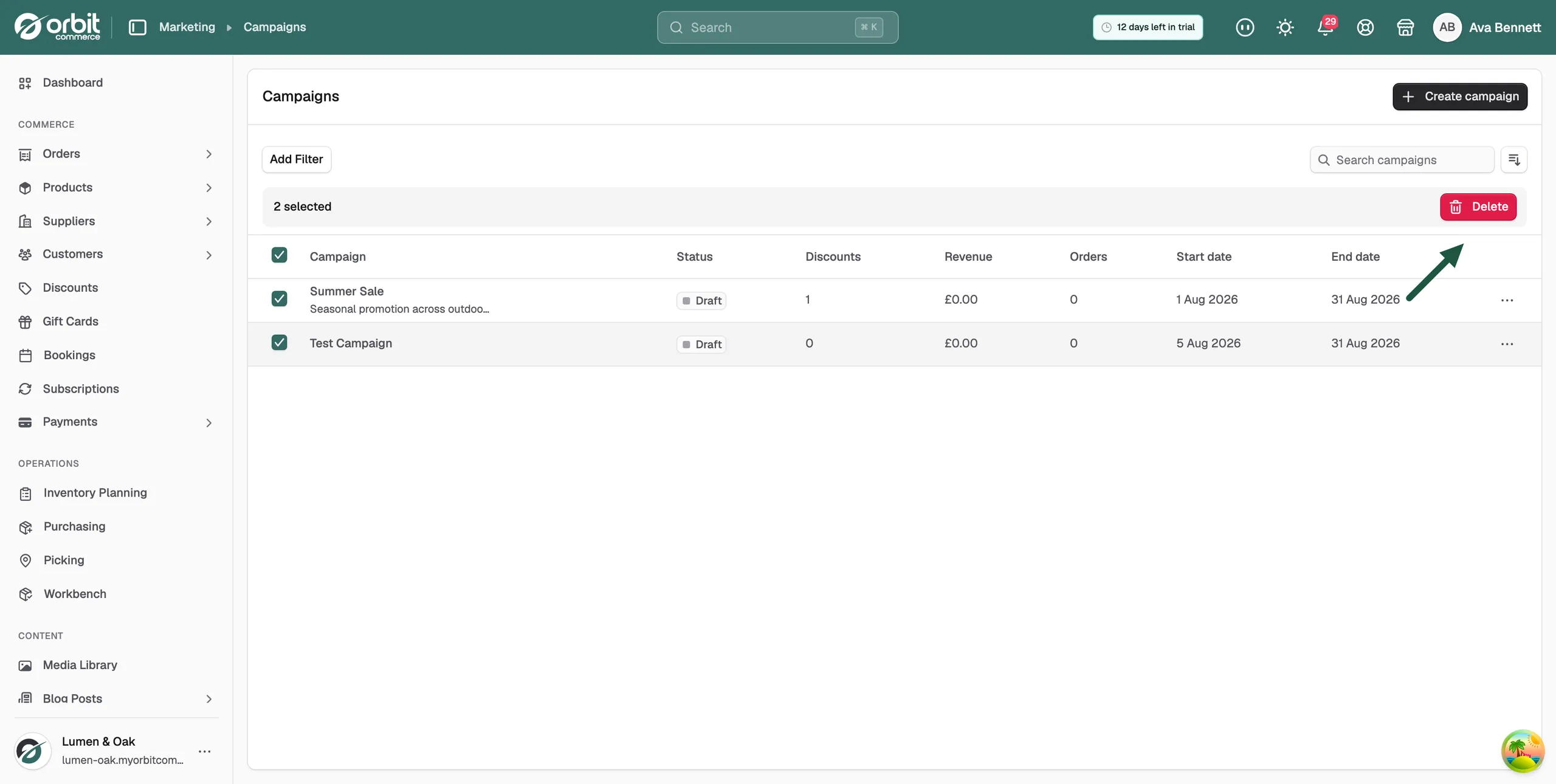 Campaigns selected in the list with the Delete button showing