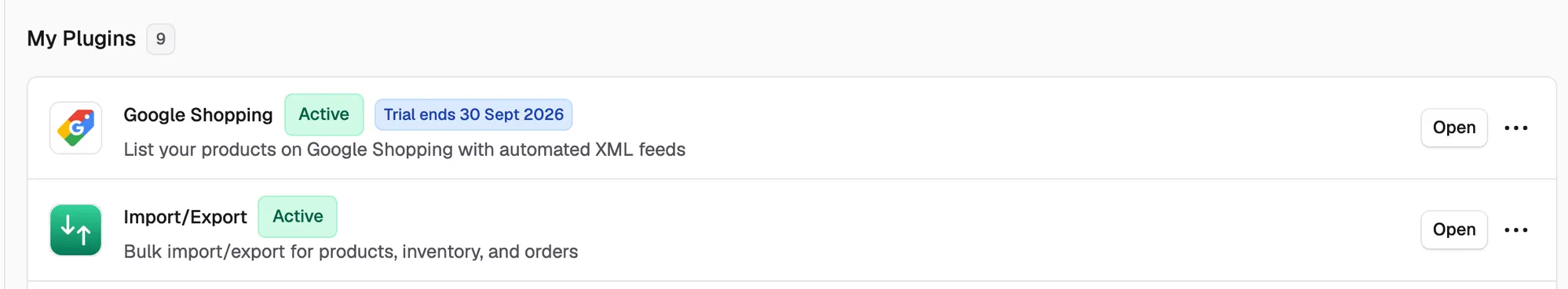 The Import/Export row under My Plugins, with the Open button and the dots menu at the right.
