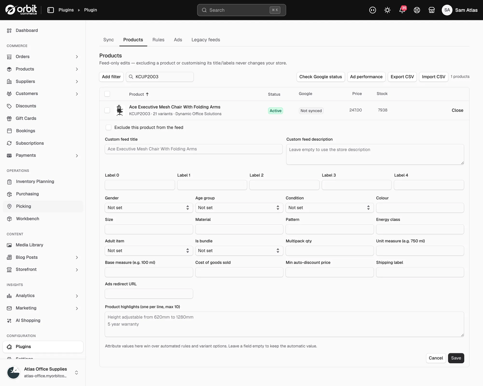 A product row expanded on the Products tab, showing the exclusion tickbox, custom feed title, labels and attribute fields.