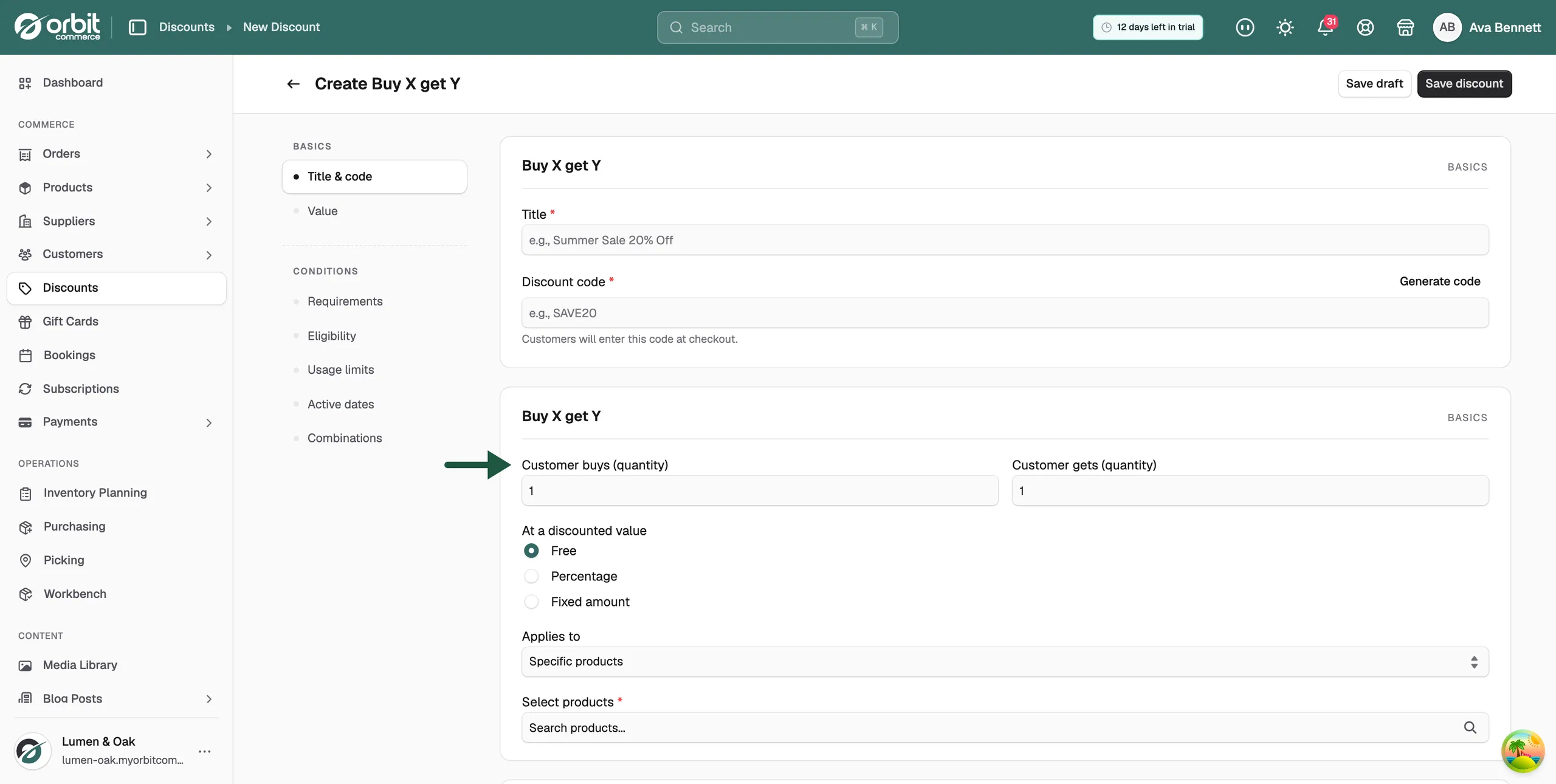 The Create Buy X get Y page, showing the Customer buys and Customer gets quantity fields, the At a discounted value options and the Applies to list