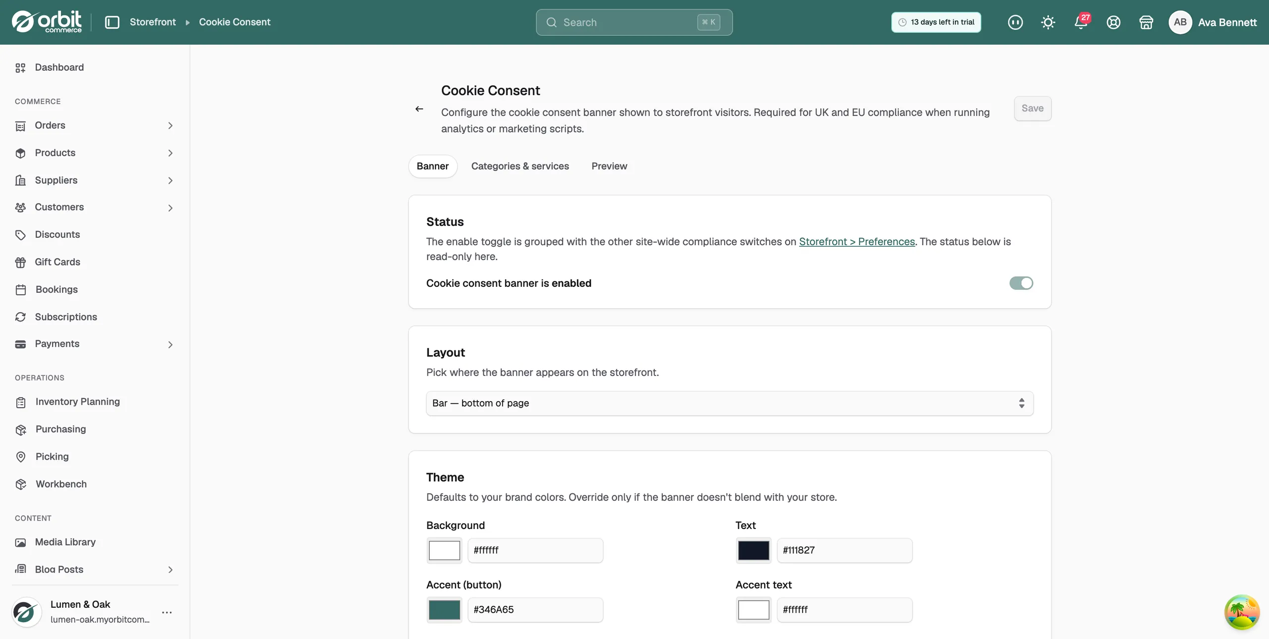 The Banner tab of the Cookie Consent page, showing the Status, Layout and Theme cards