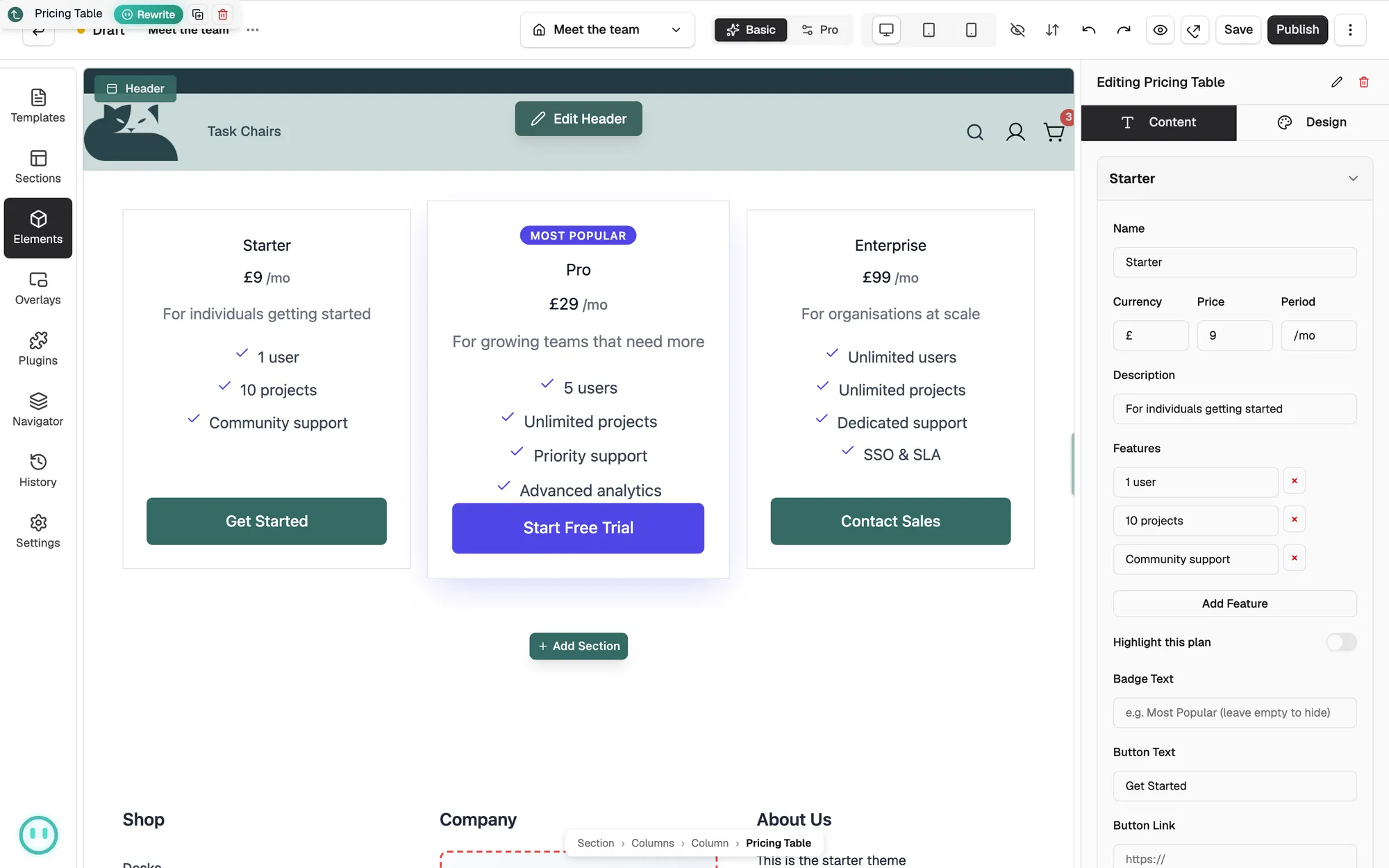 A Pricing Table on the canvas with the Starter plan open on the Content tab.