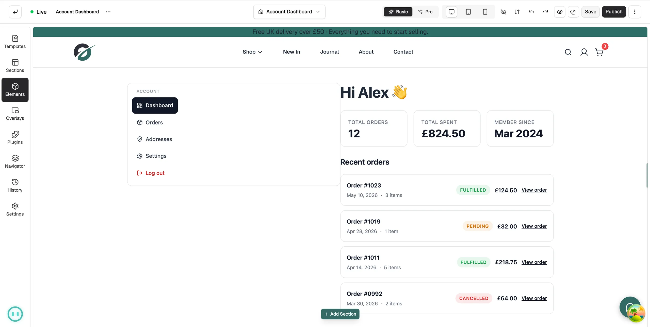 The account template open in the page builder, showing a greeting and the customer's account sections