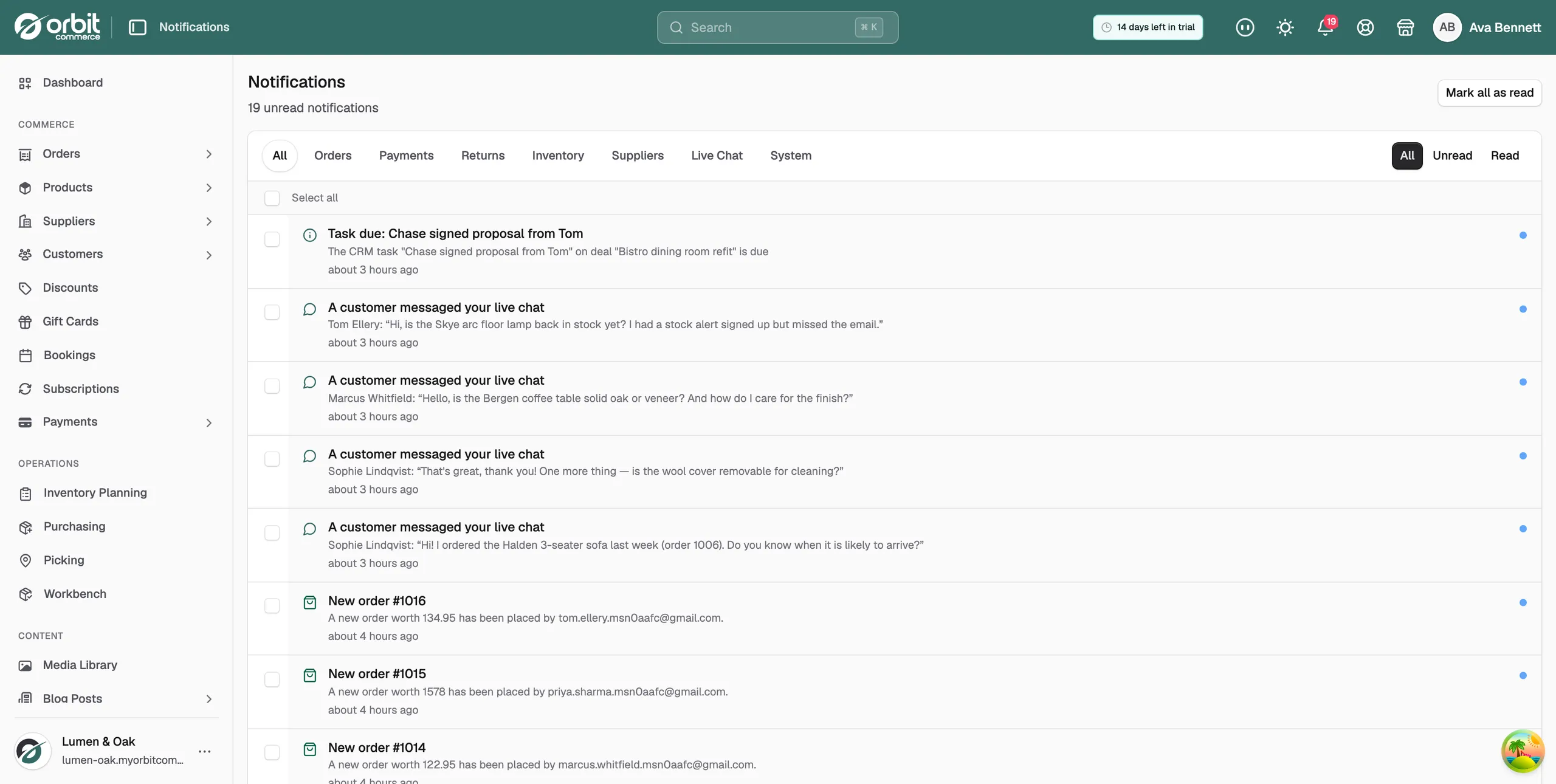 The notifications page, with the area filters and the mark all as read button