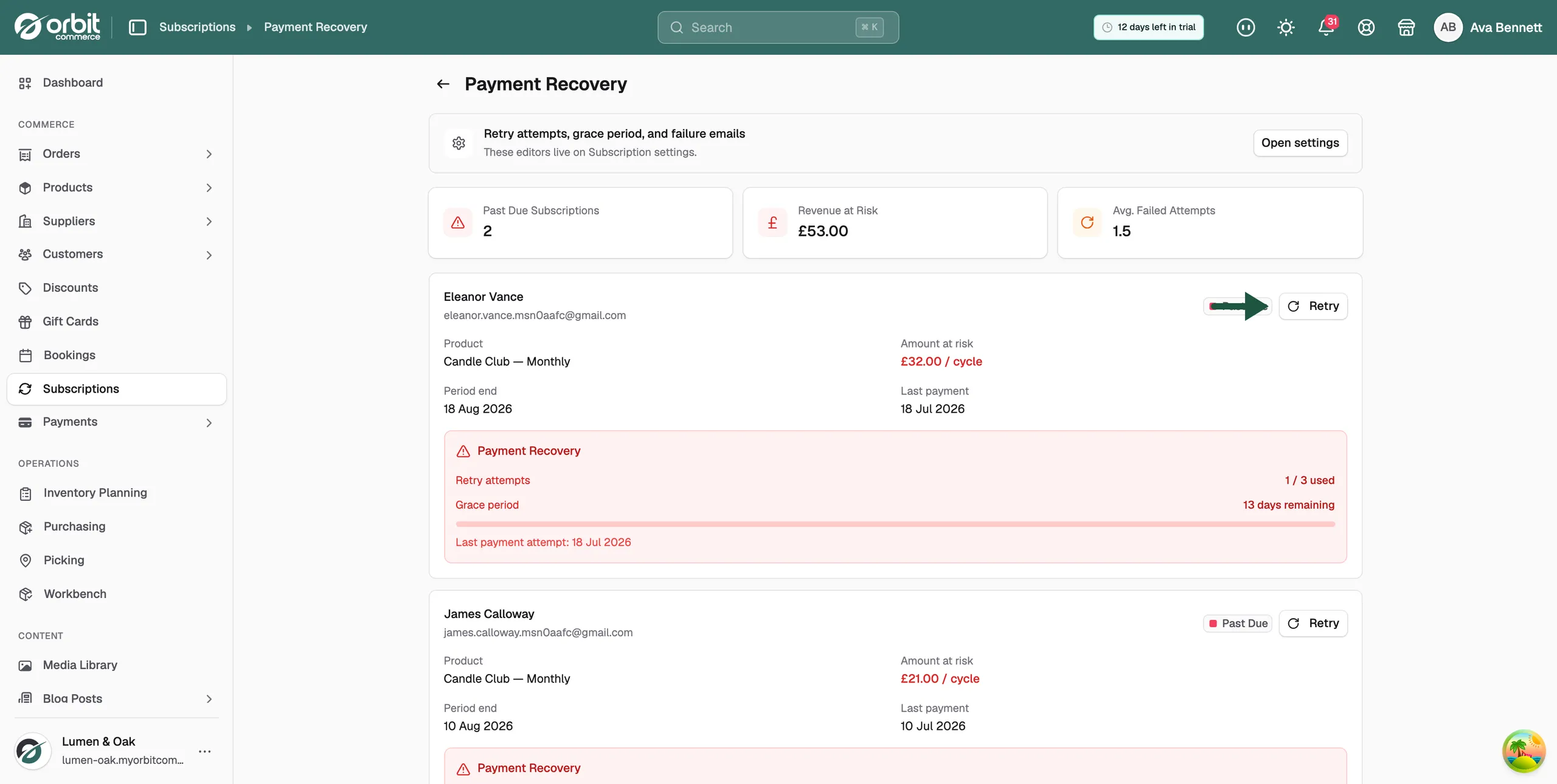 A past due subscription card with the Retry button, the amount at risk and the red Payment Recovery panel
