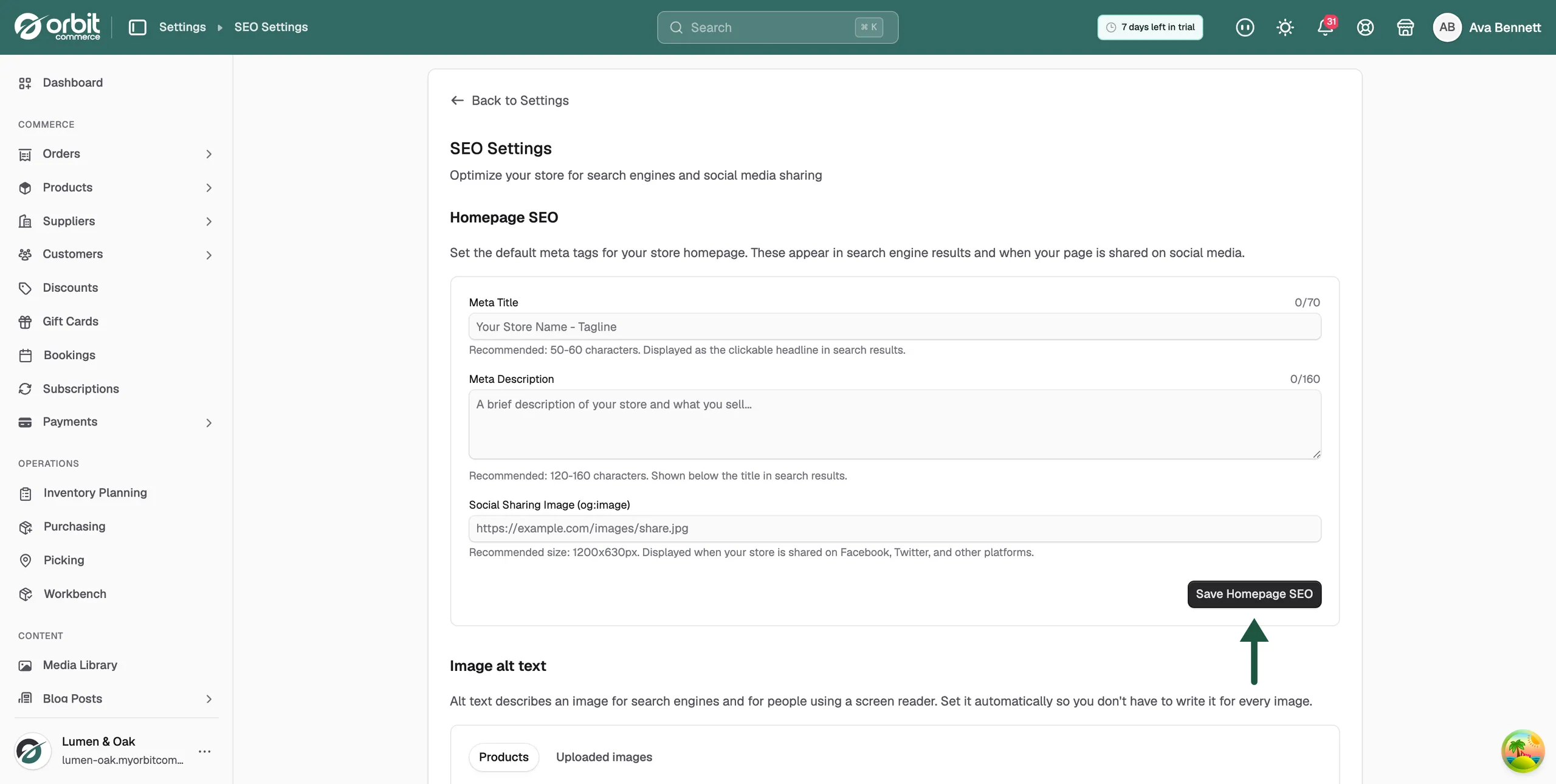 The Homepage SEO card with an arrow pointing to the Save Homepage SEO button