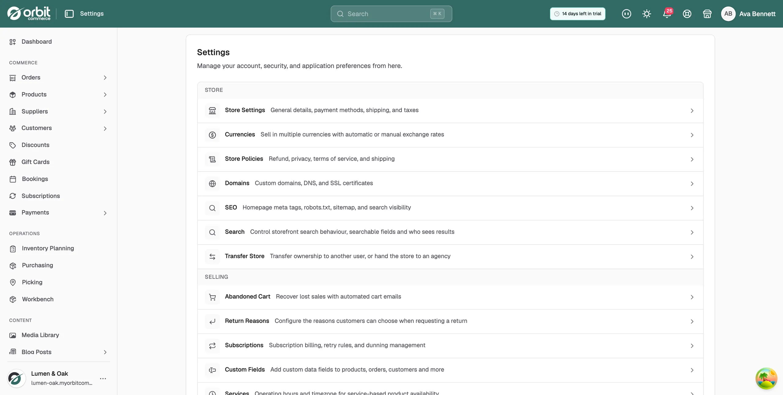 The Settings page listing the Store and Selling groups, with Store Settings, Currencies, Store Policies, Domains, SEO, Search and Transfer Store rows