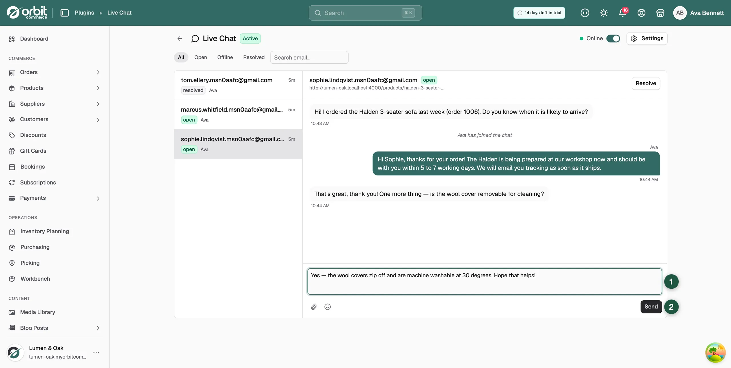 An open conversation thread with a reply typed in the box at the bottom and the Send button