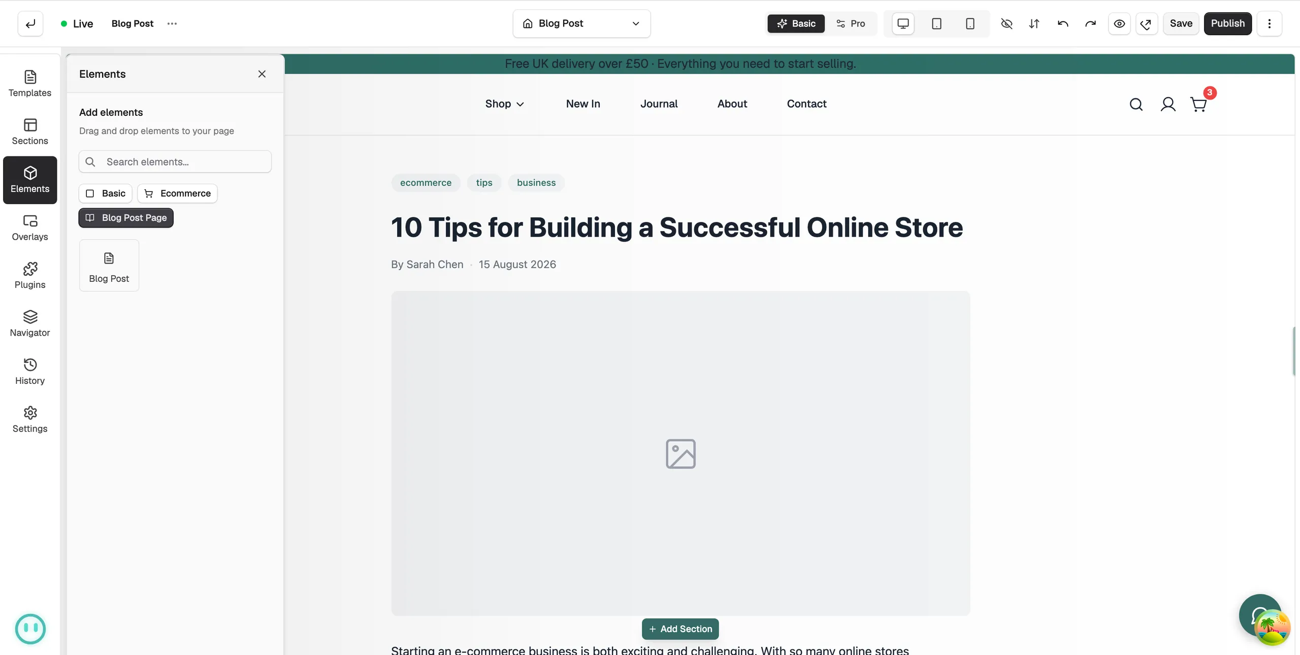 The Blog Post element on the page builder canvas, showing a sample post with its image, title and text