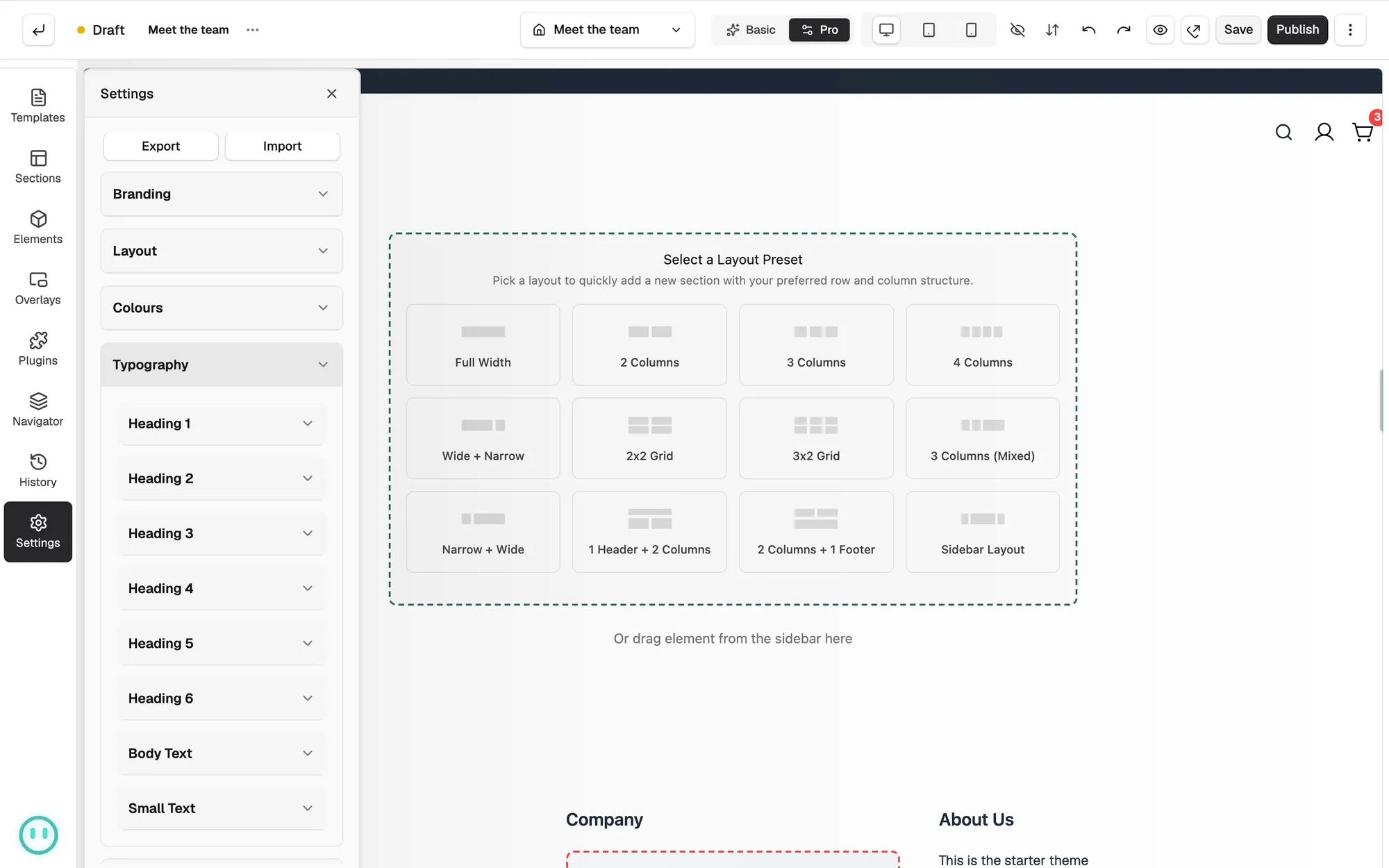 The Typography group open in the Settings tab, listing Heading 1 to Heading 6, Body Text and Small Text.