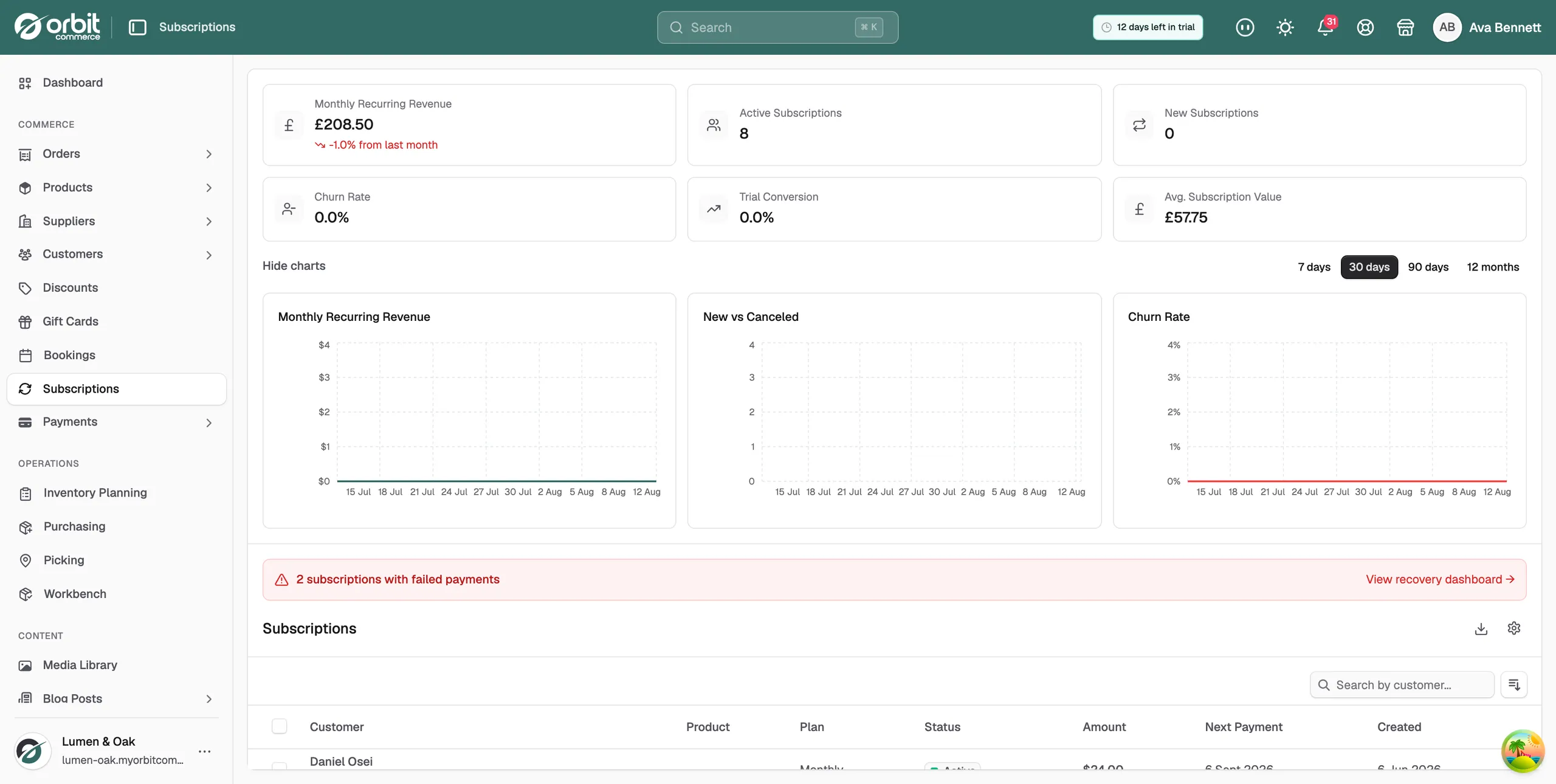 The subscriptions table, showing the Customer, Product, Plan, Status, Amount, Next Payment and Created columns