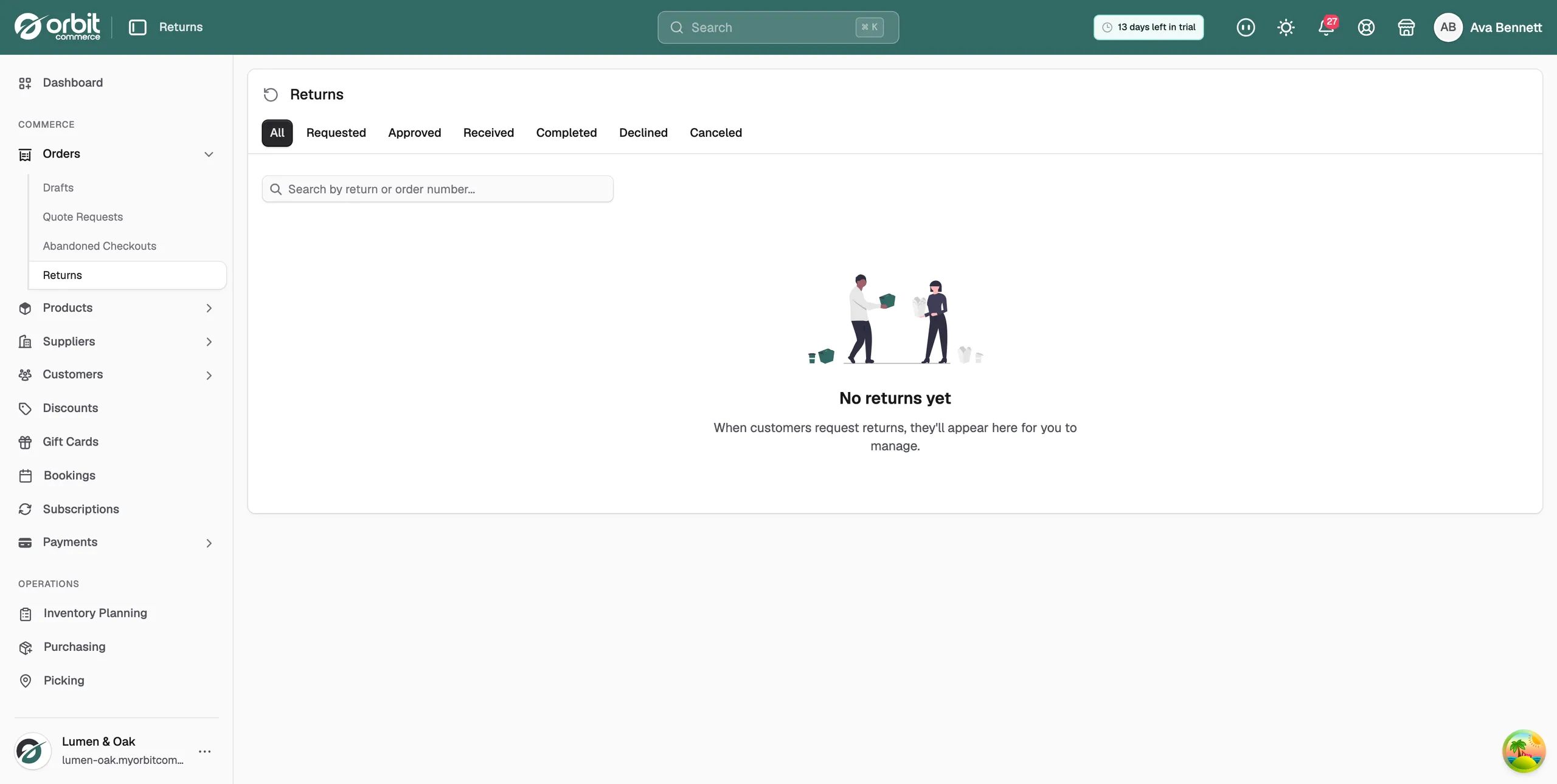 The Returns list, with status tabs above a table of returns showing return number, order, customer, items, resolution, status and date
