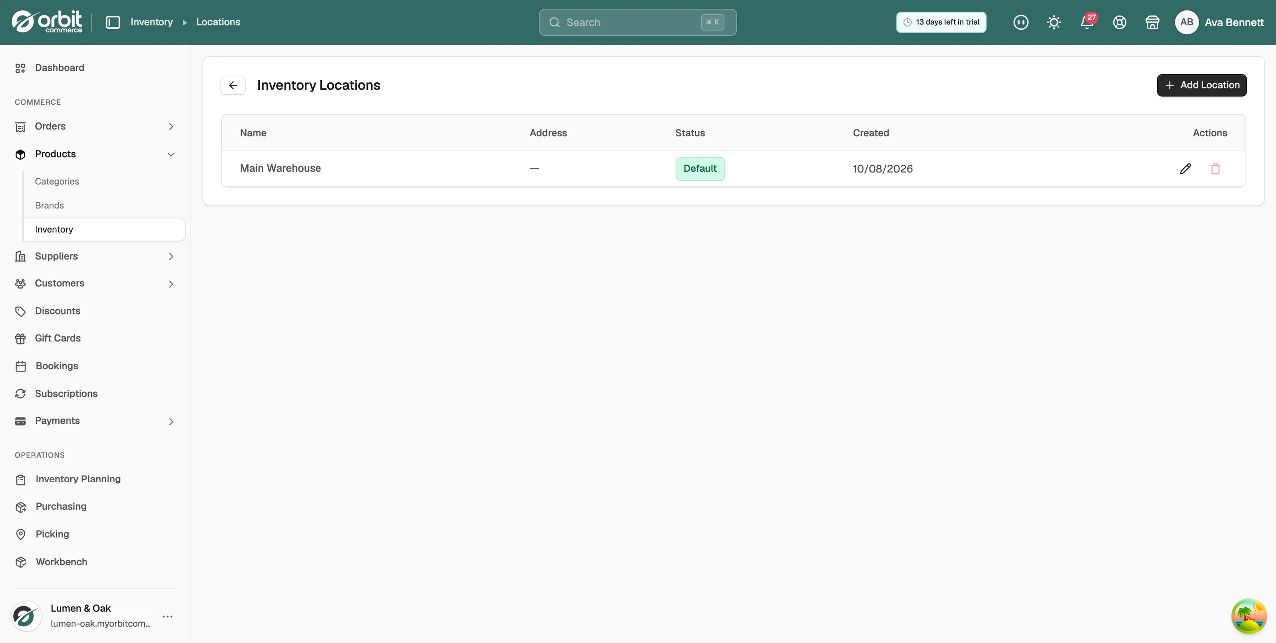 The Inventory Locations page, listing each location with its name, address, status, created date and action icons