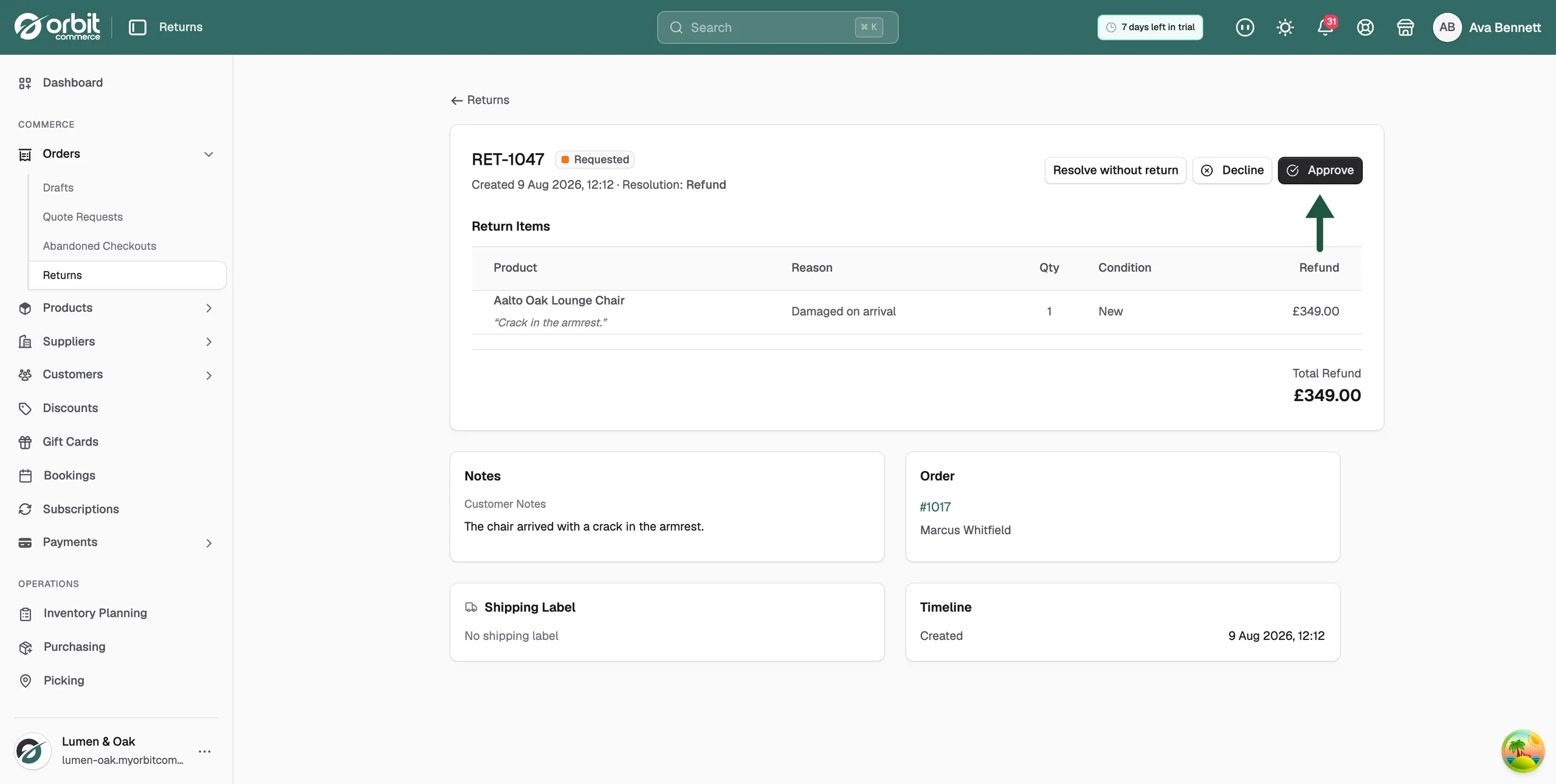 A requested return, with Resolve without return, Decline and Approve in the row of buttons at the top of the page