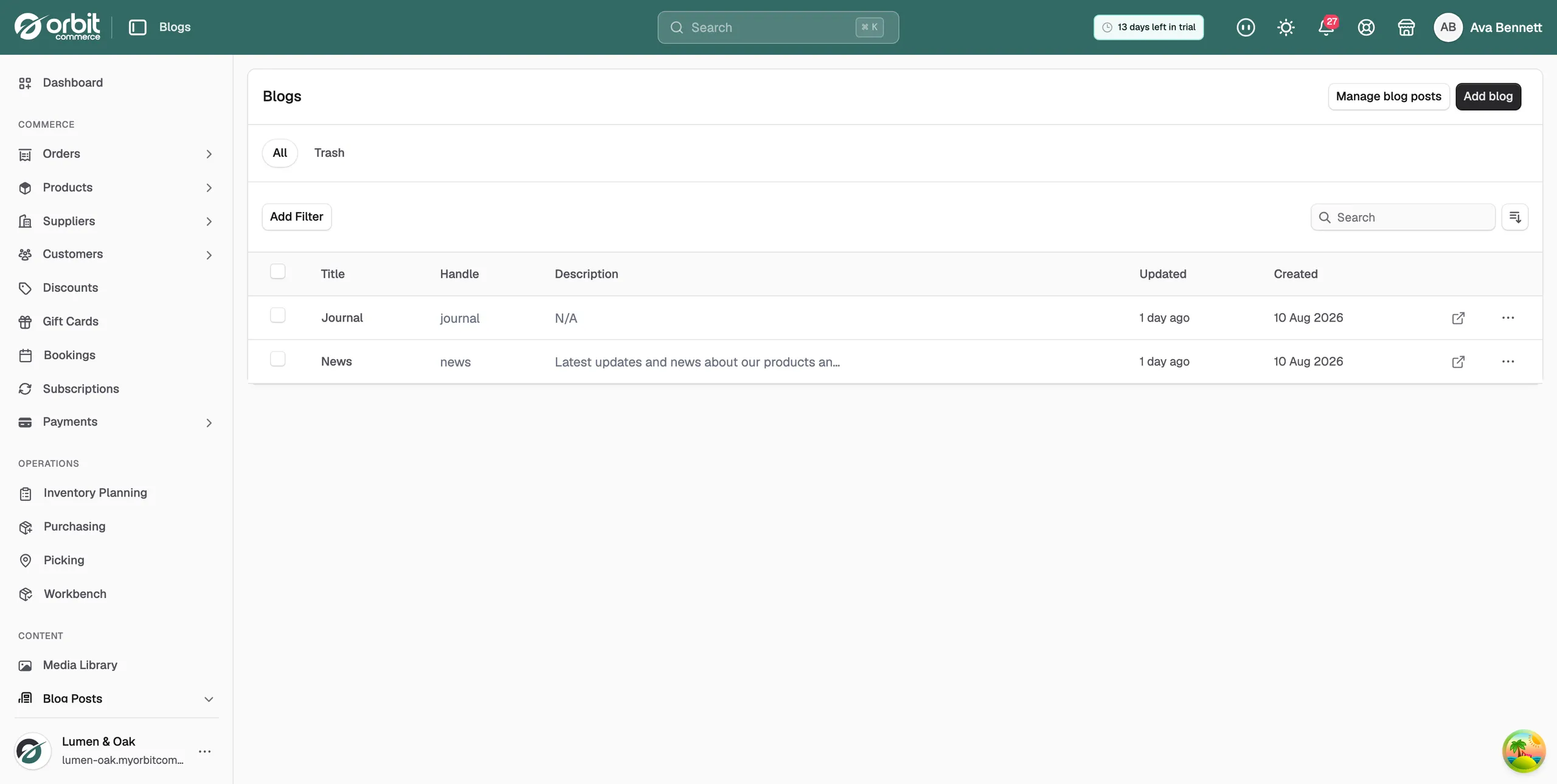 The Blogs page in the Orbit dashboard, listing each blog with its title, handle, description and dates