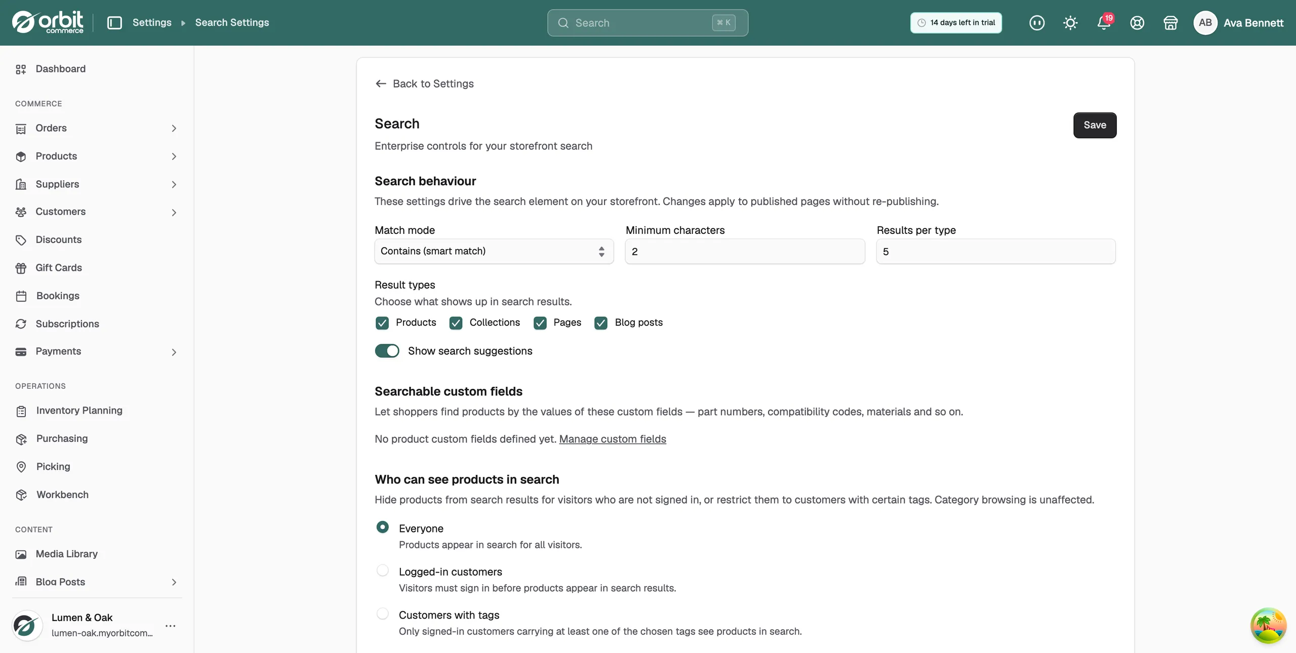The Search settings page showing the Search behaviour section with Match mode, Minimum characters and Results per type
