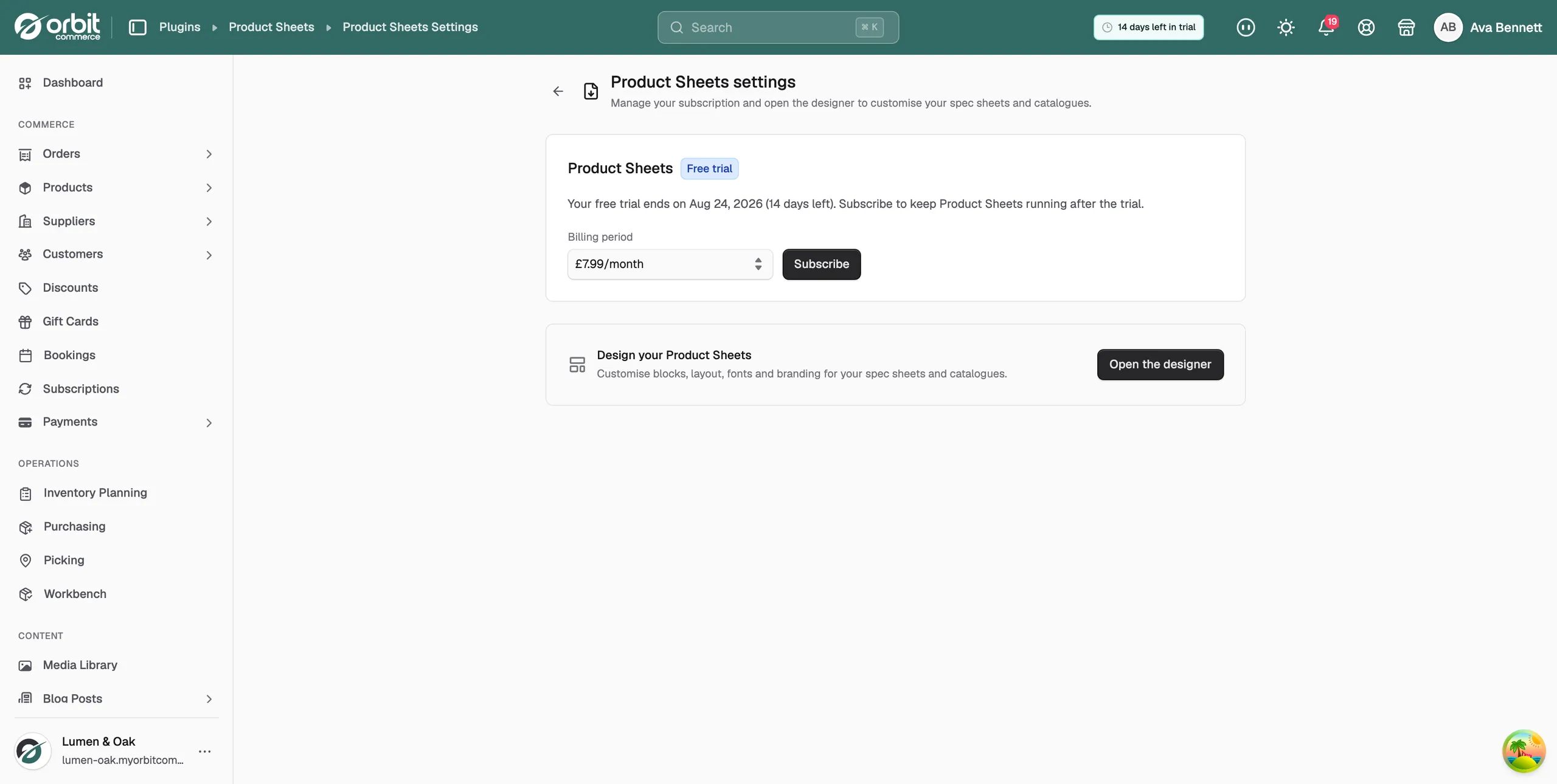 The Product Sheets settings page, showing the subscription details and the Open the designer button