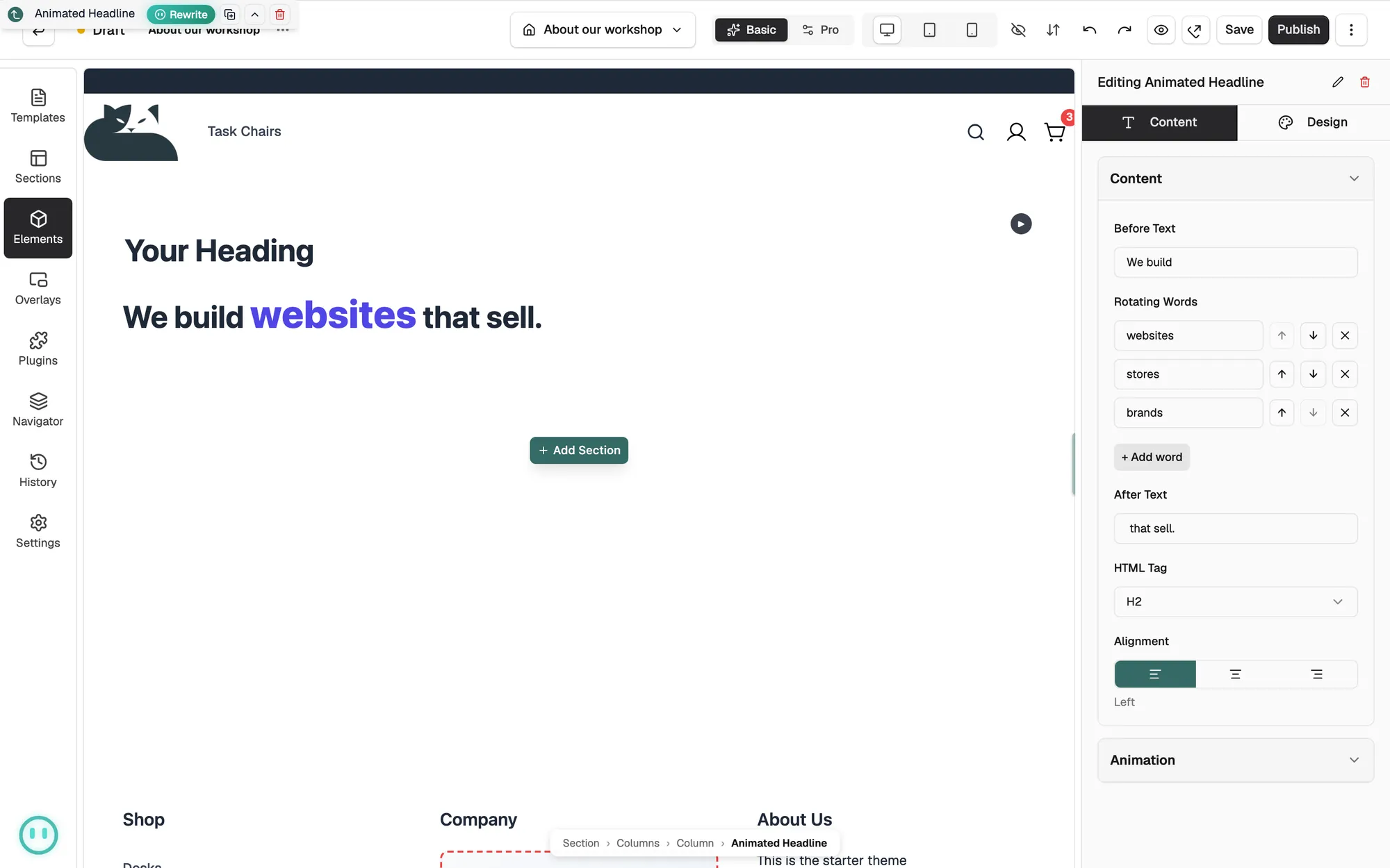 An Animated Headline on the canvas with its Content tab open on the right.