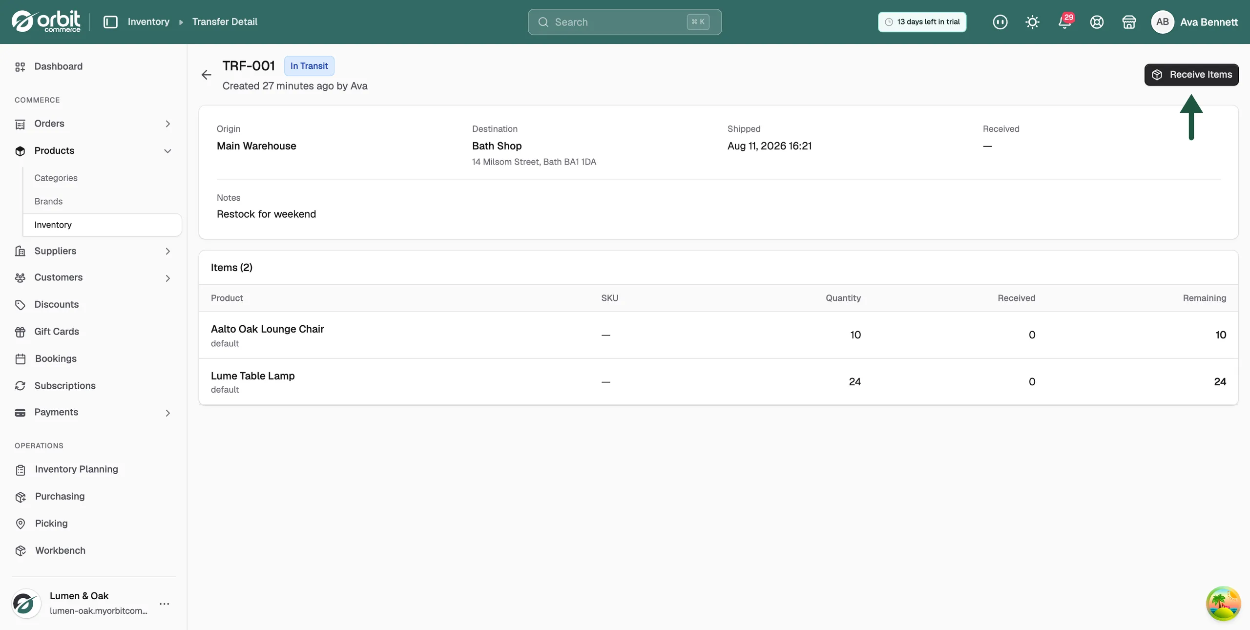 A transfer detail page showing the origin, destination, shipped and received dates, and the item table with quantity, received and remaining columns