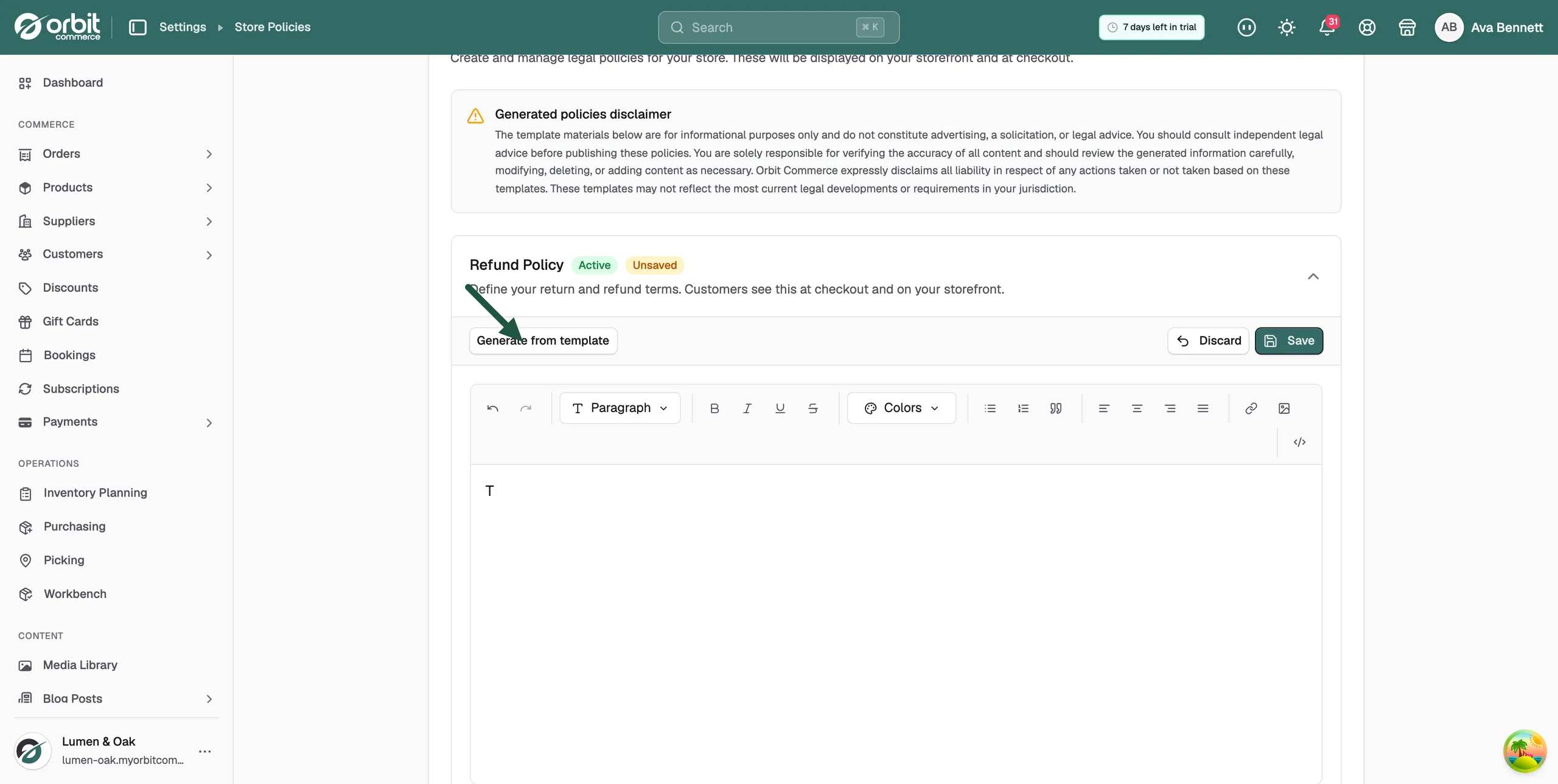 The Generate from template dialog with the store detail fields
