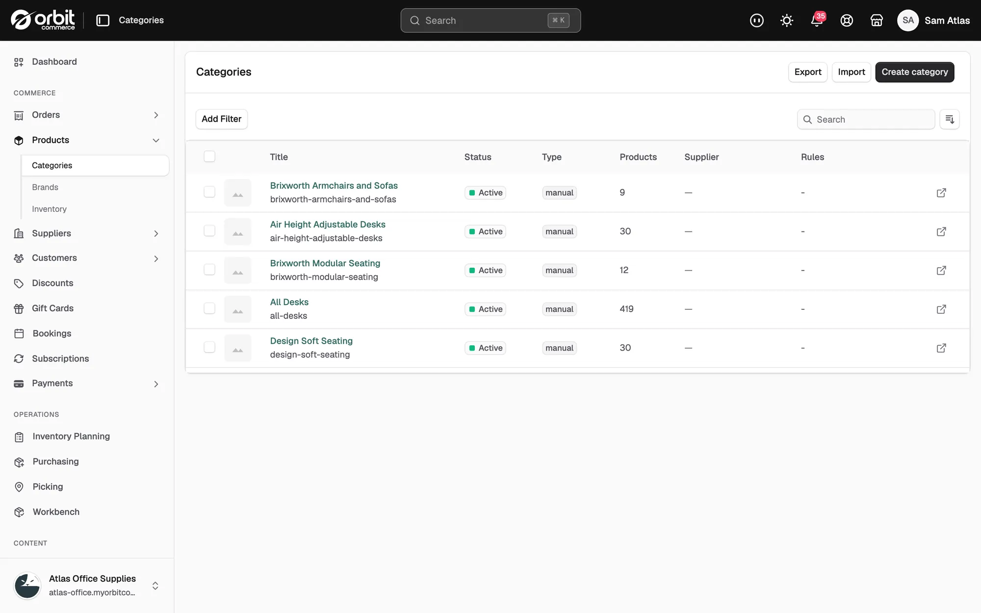 The Categories page with the Import and Export buttons above the list.