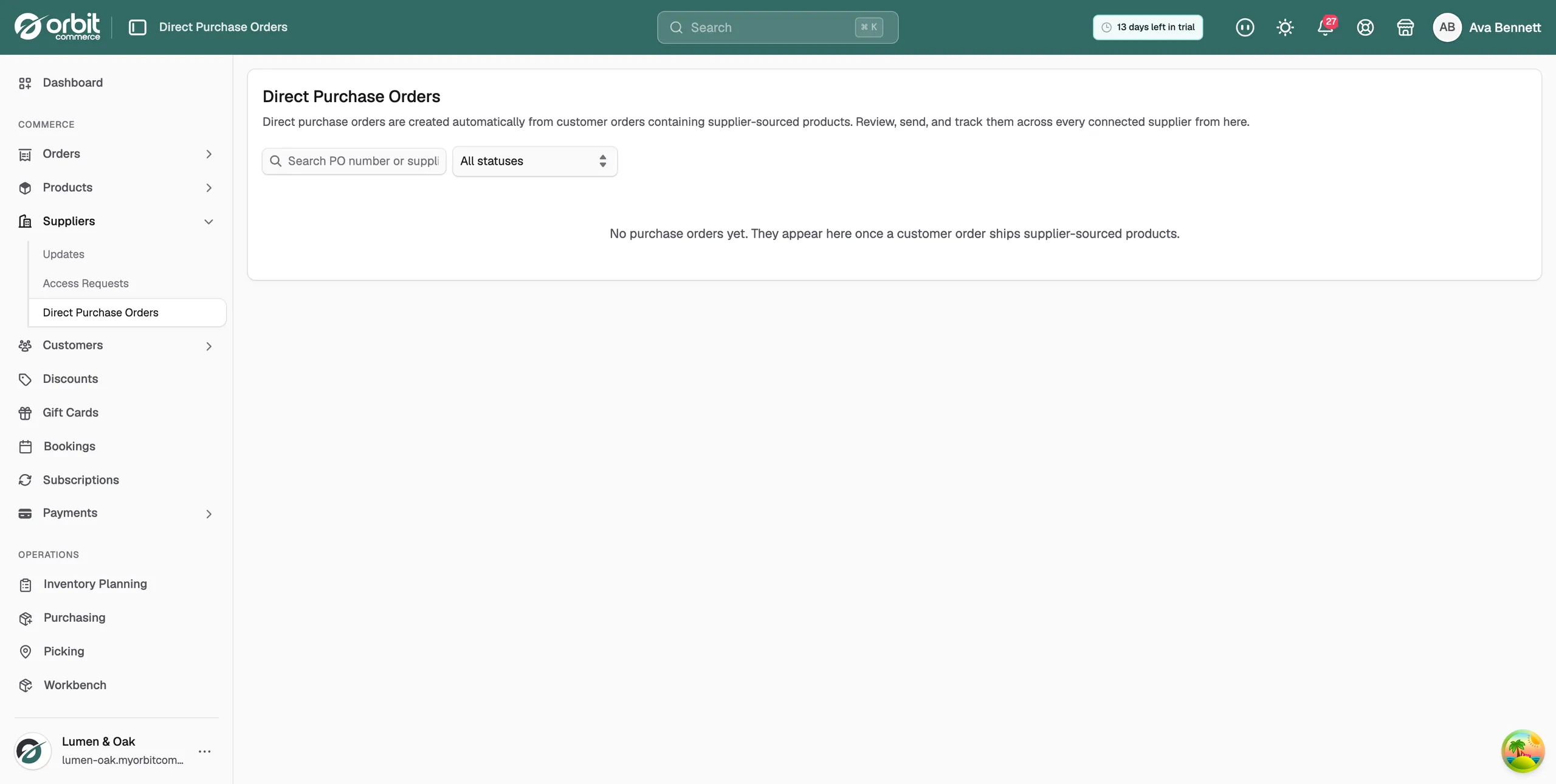 The Orders tab on a supplier connection, with the seven status counters above the purchase order table