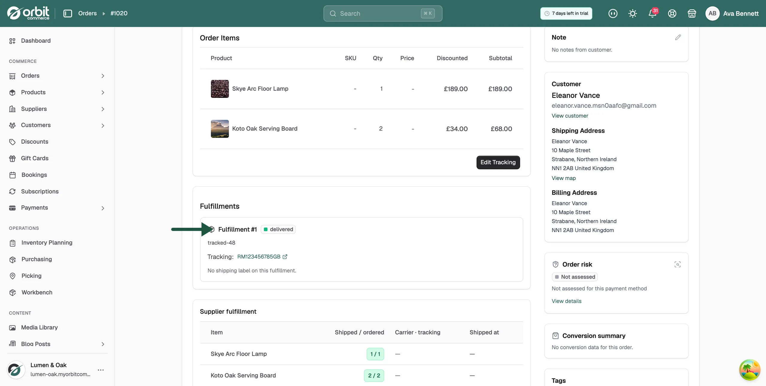 The Fulfillments card on an order, showing the fulfilment status and the tracking number as a link