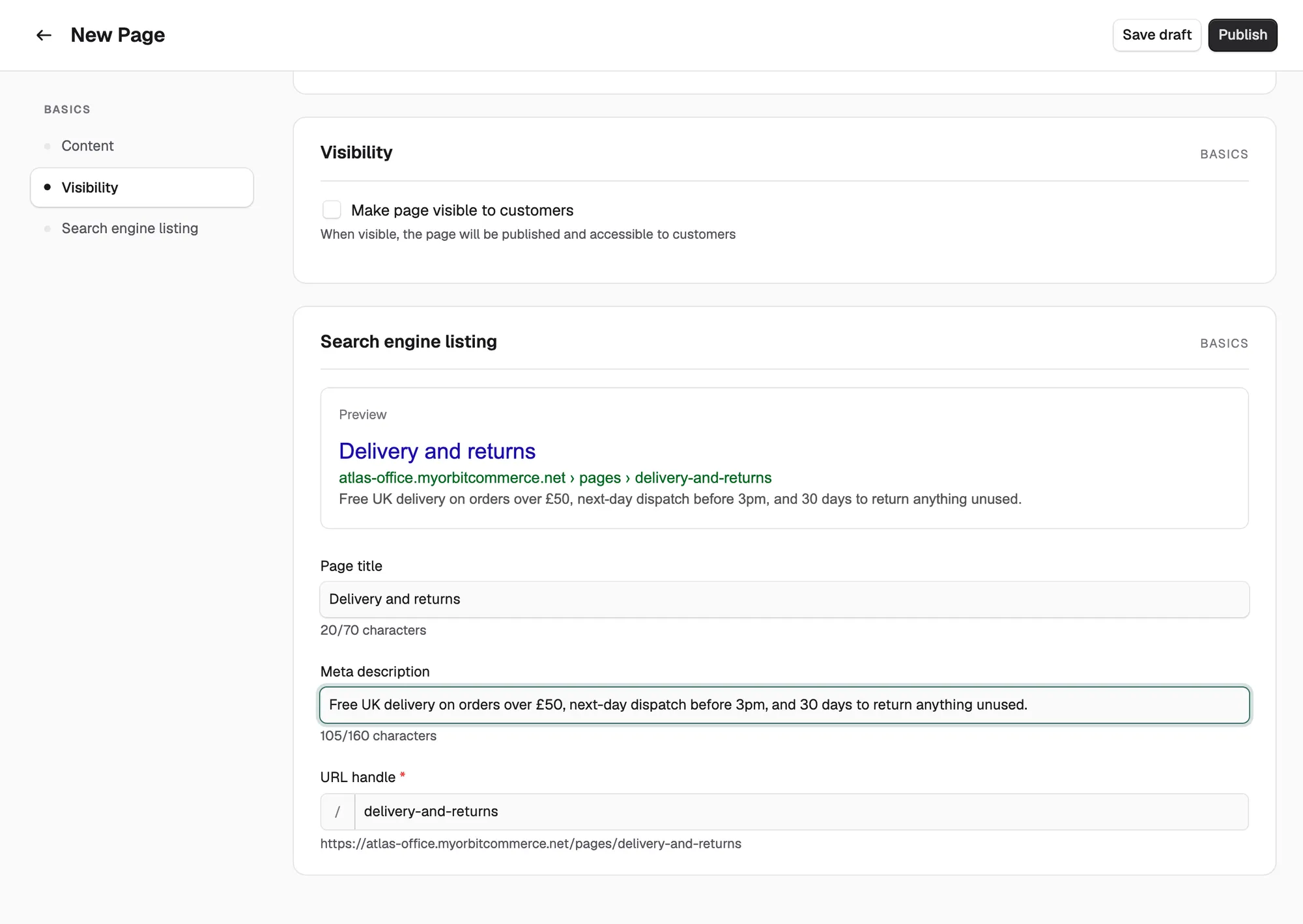 The Search engine listing section of a page, with the preview, page title, meta description and URL handle filled in.