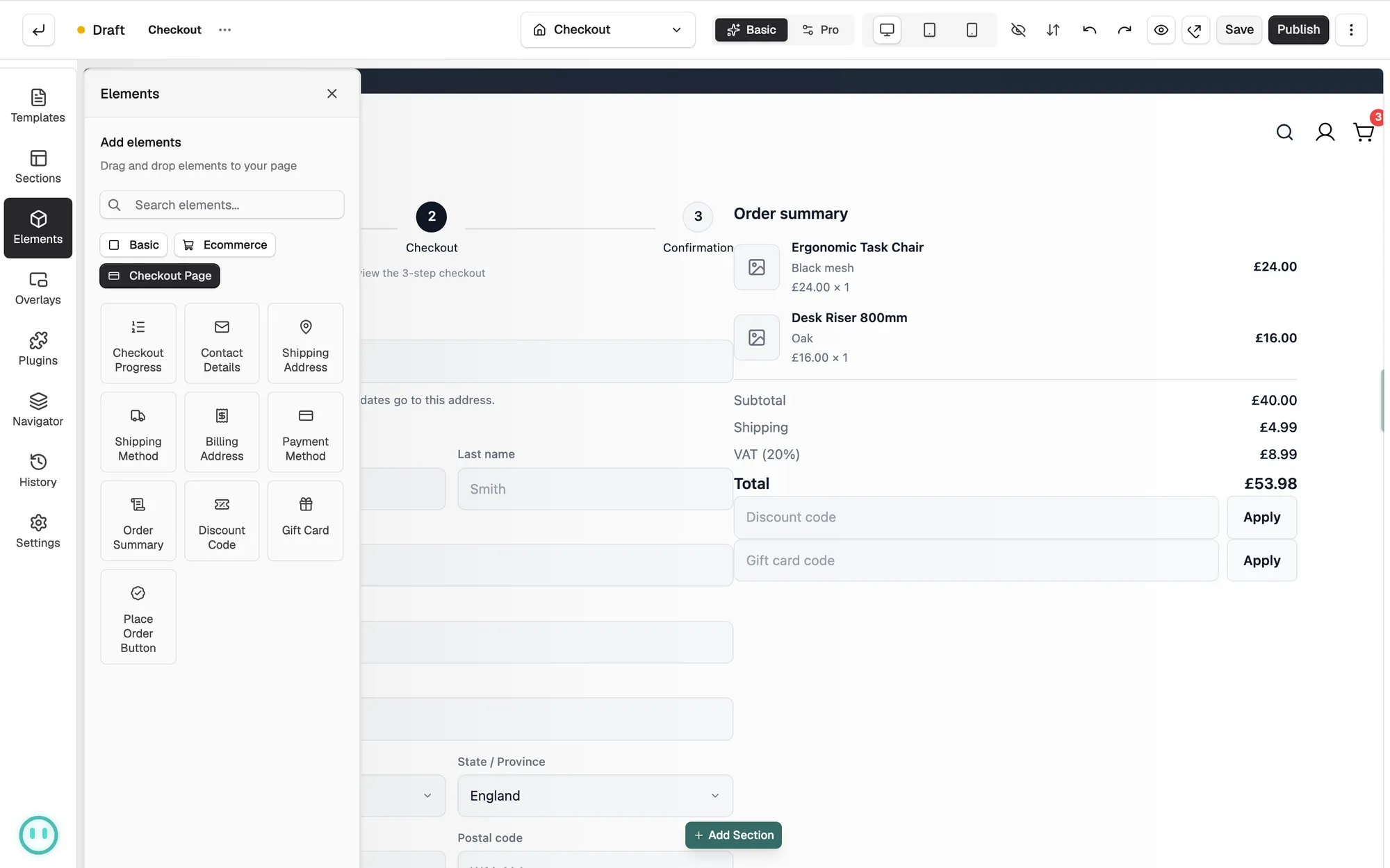The Checkout Page group in the Elements panel, with the ten checkout elements listed.