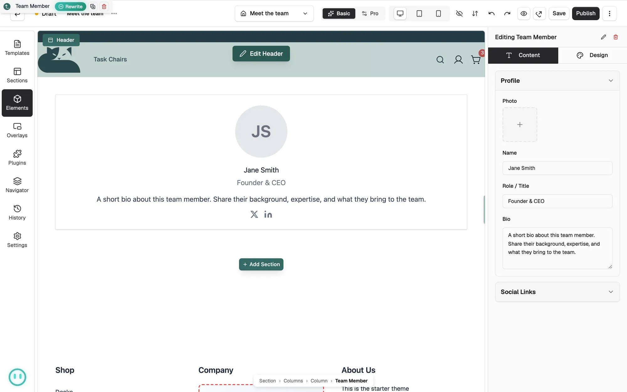 A Team Member card on the canvas with the Profile fields open on the Content tab.