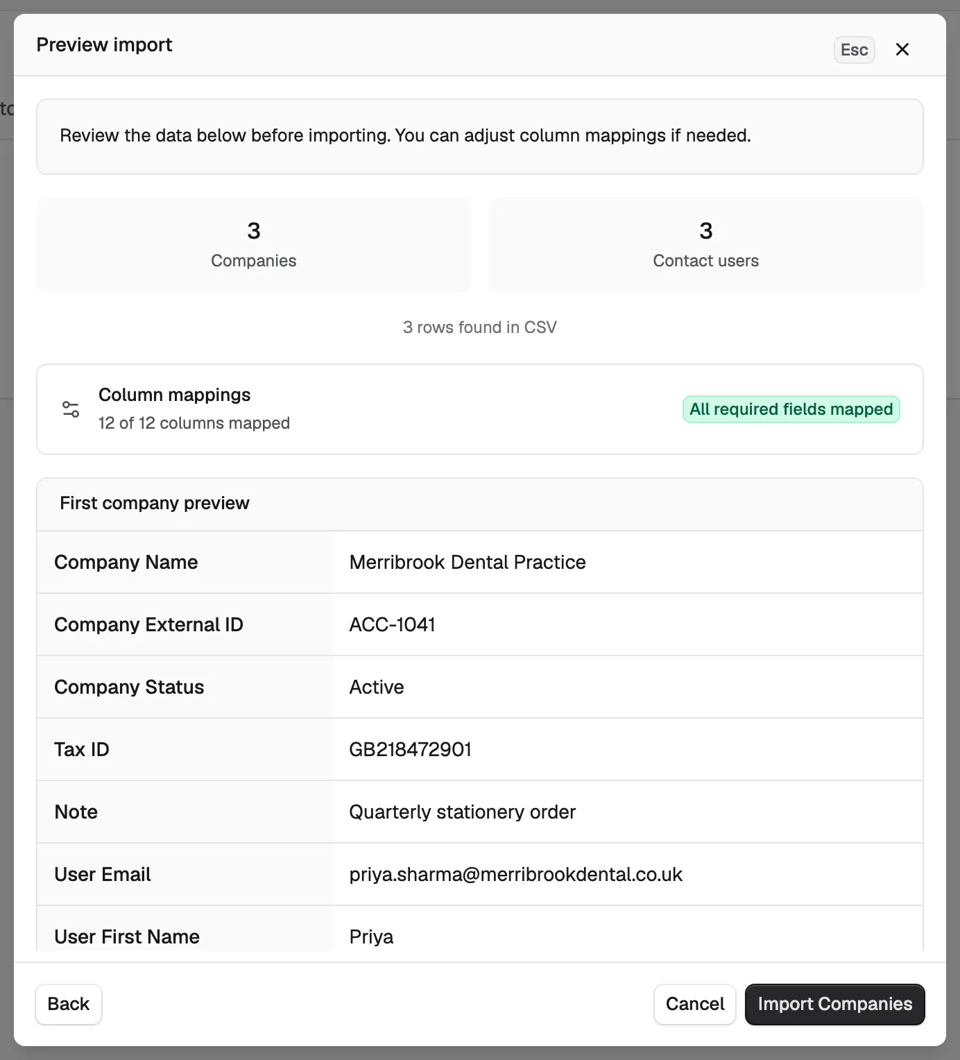 The Preview import step with the company and contact user counts and all required fields mapped.