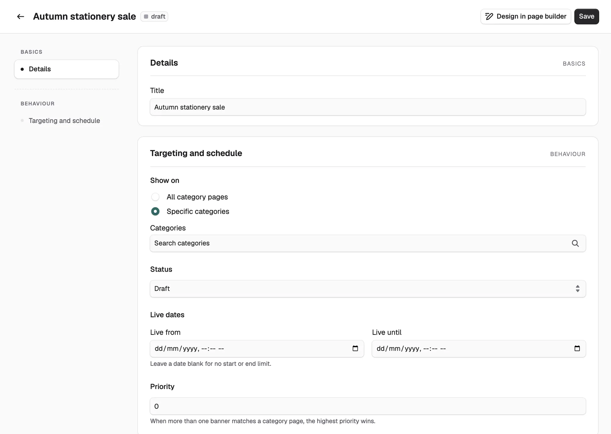 The Targeting and schedule section of a banner, with Show on, Status, Live dates and Priority.