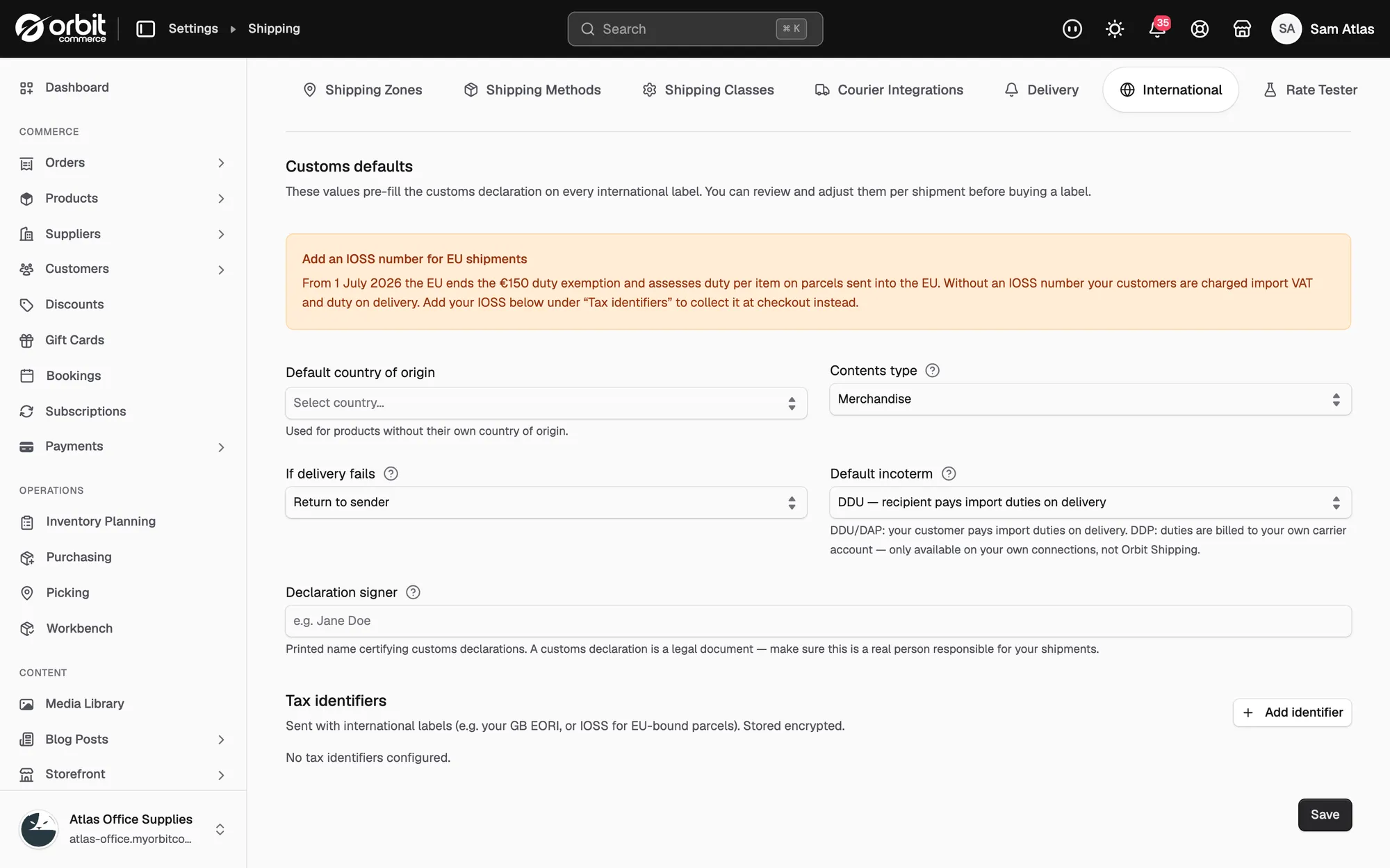 The Tax identifiers section of the International tab before any identifier is added.