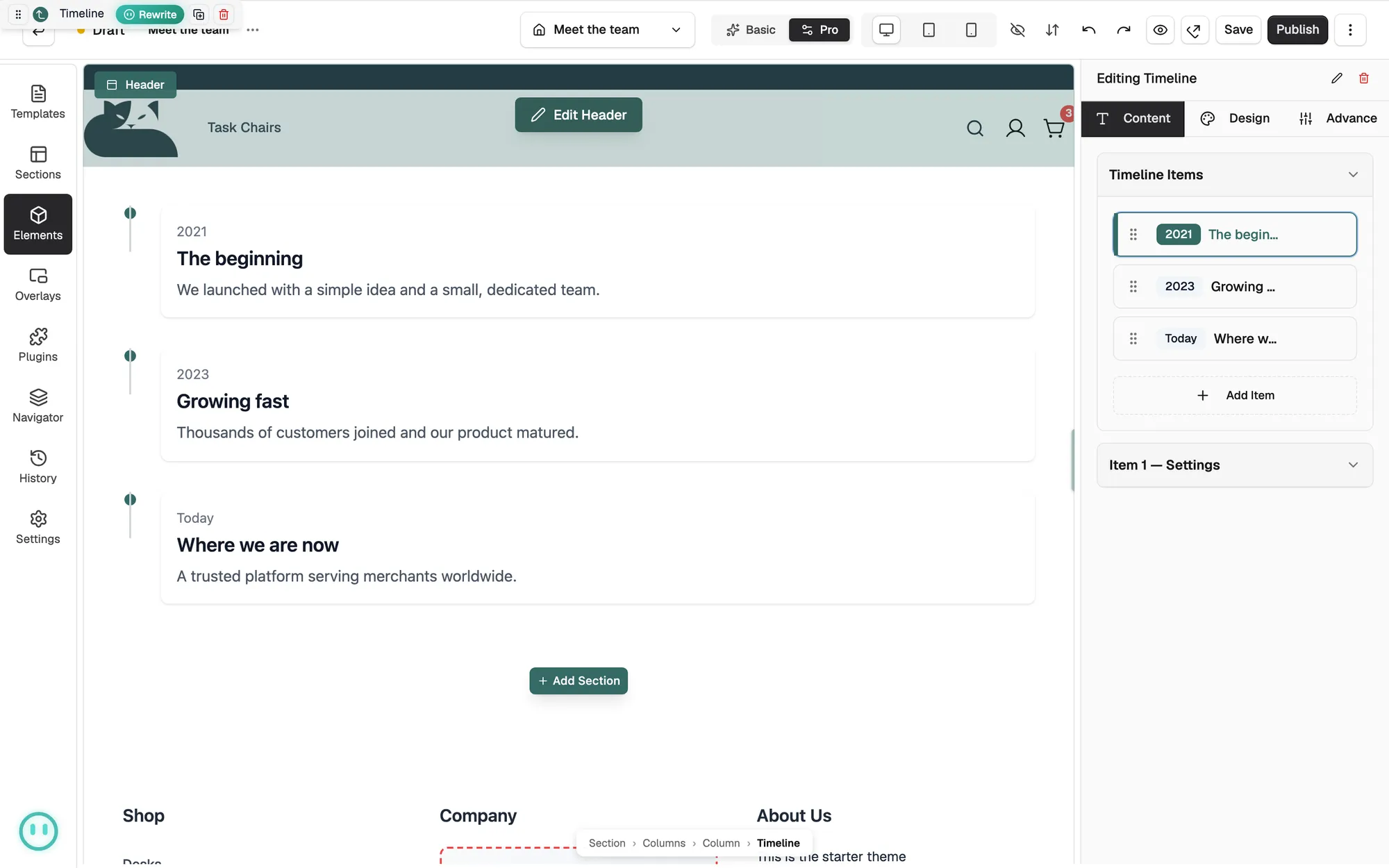 Three milestones on the canvas with Timeline Items open on the Content tab.