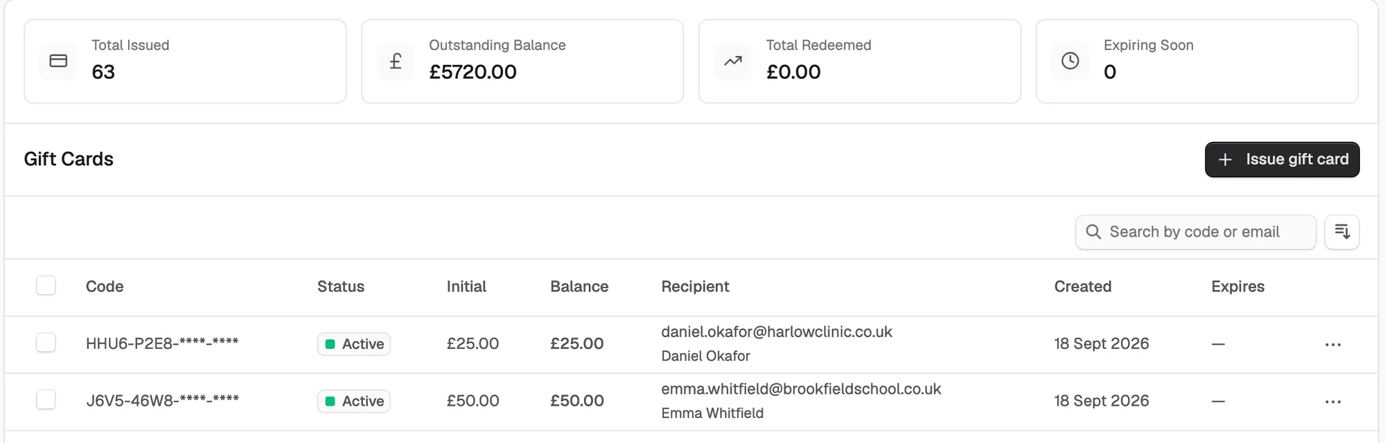 The Gift Cards page with the summary figures above the list of cards.