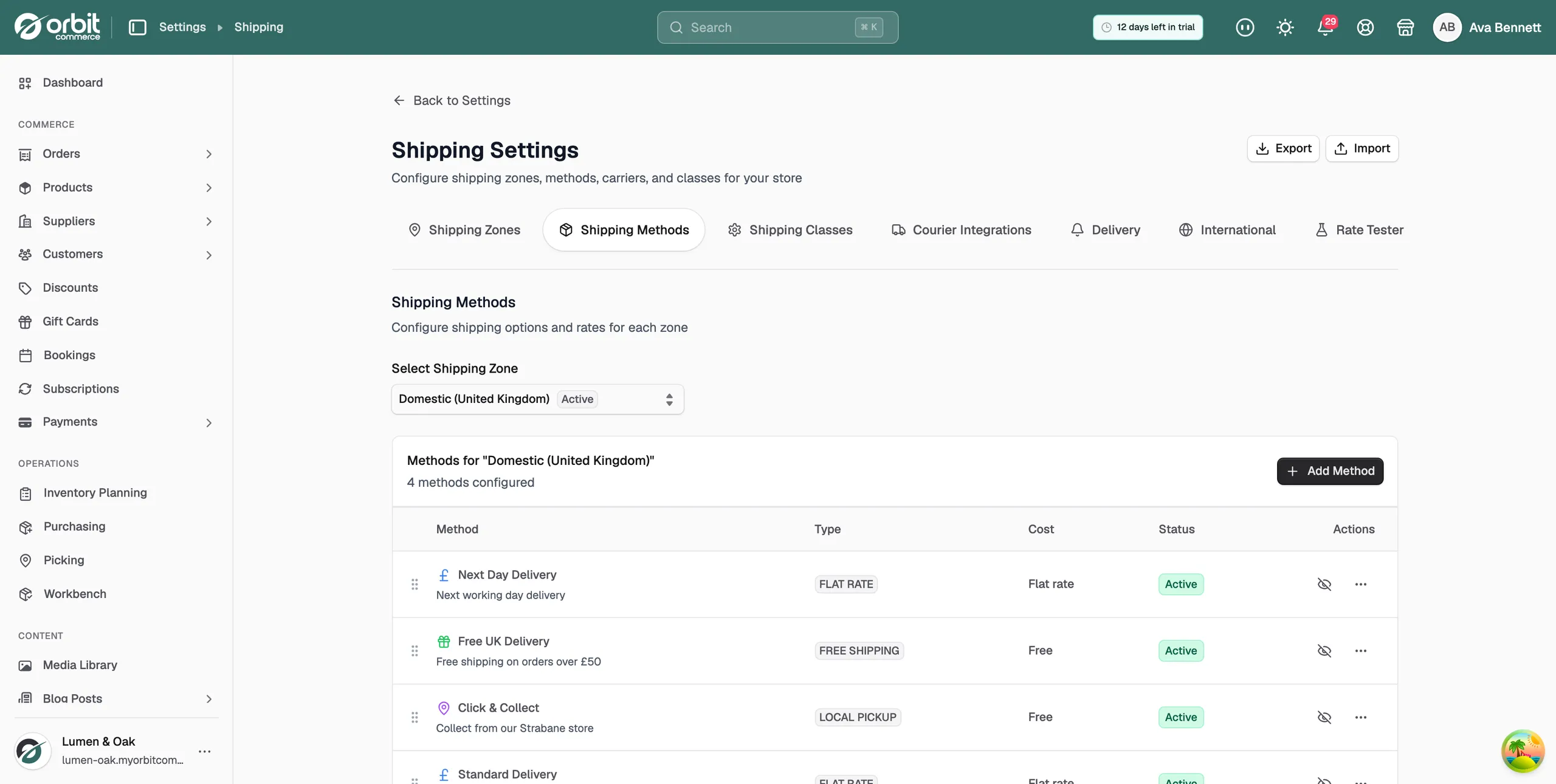 The Shipping Methods tab with the Domestic (United Kingdom) zone selected and four methods listed