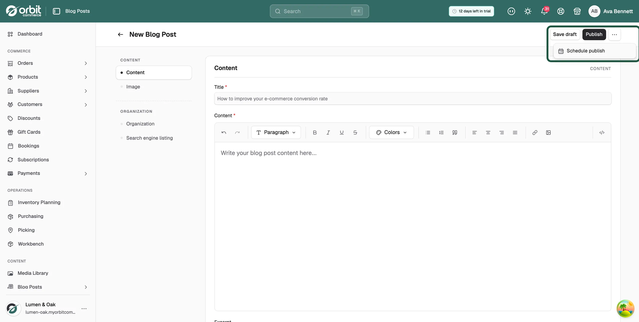 The Schedule publish item in the three-dot menu at the top of the blog post form