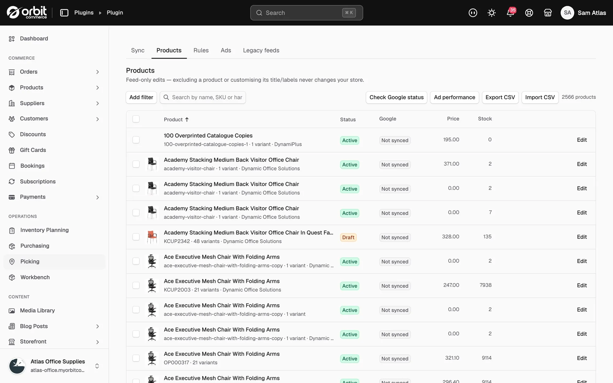 The Products tab of the Google Shopping plugin, listing the catalogue with a Google status column.
