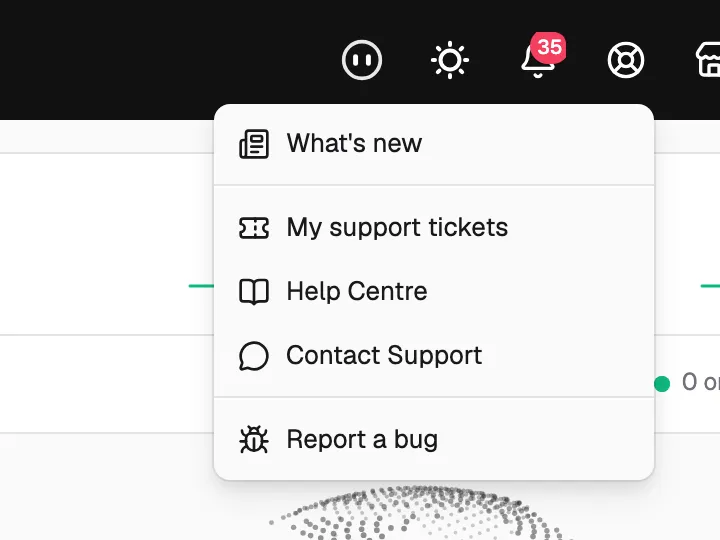 The Support menu open in the dashboard header, with What's new, My support tickets, Help Centre, Contact Support and Report a bug.