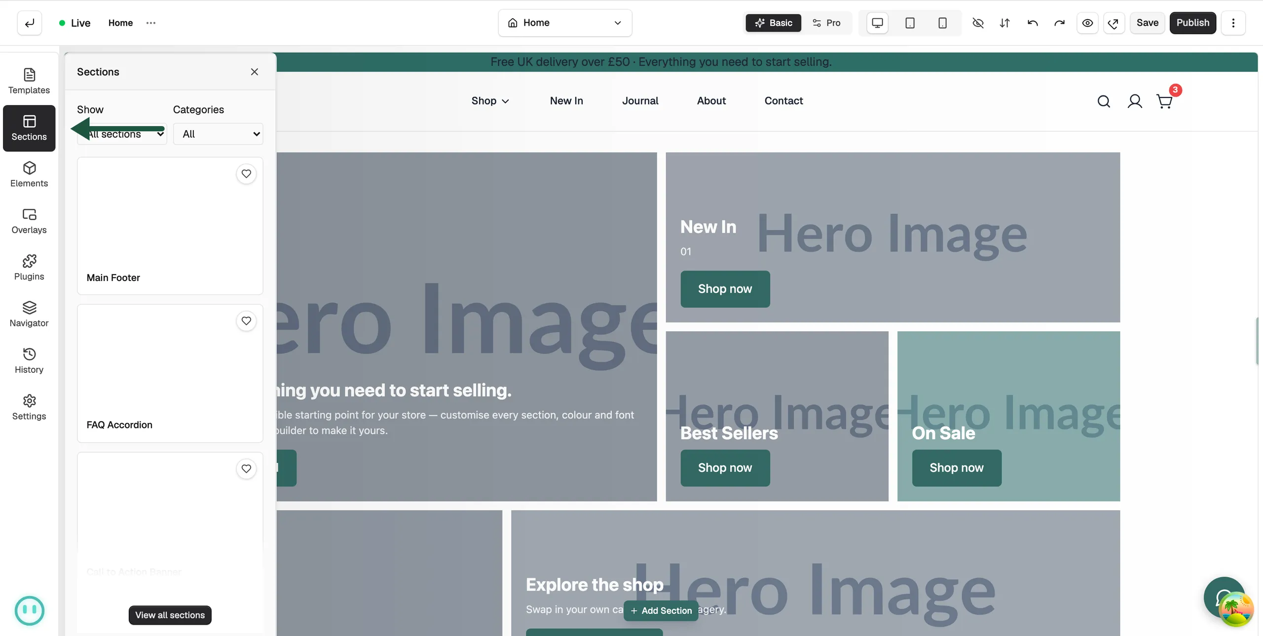 The Sections panel in the page builder toolbox showing ready-made section designs
