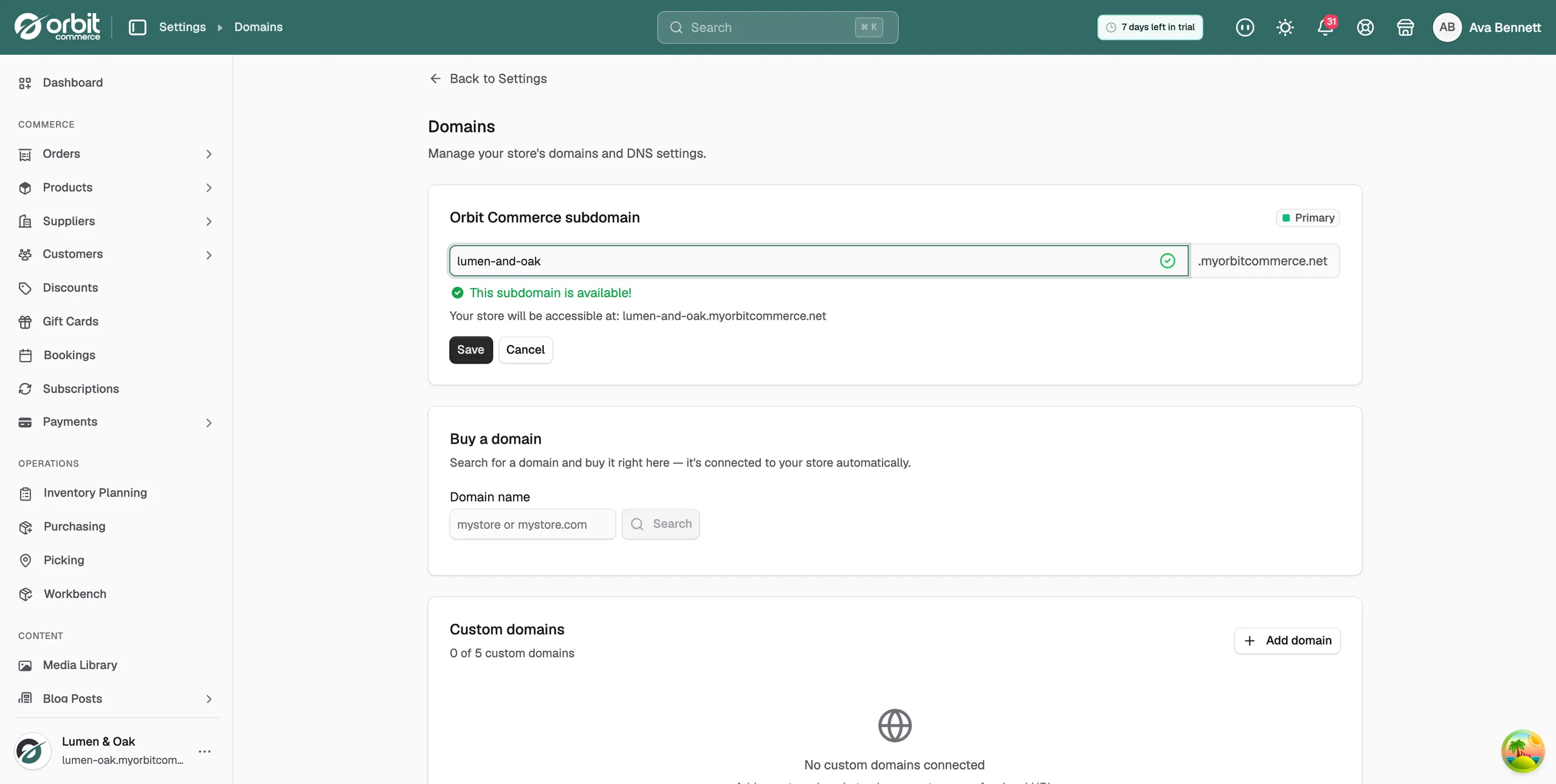 The Buy a domain search and the Custom domains section on the Domains page