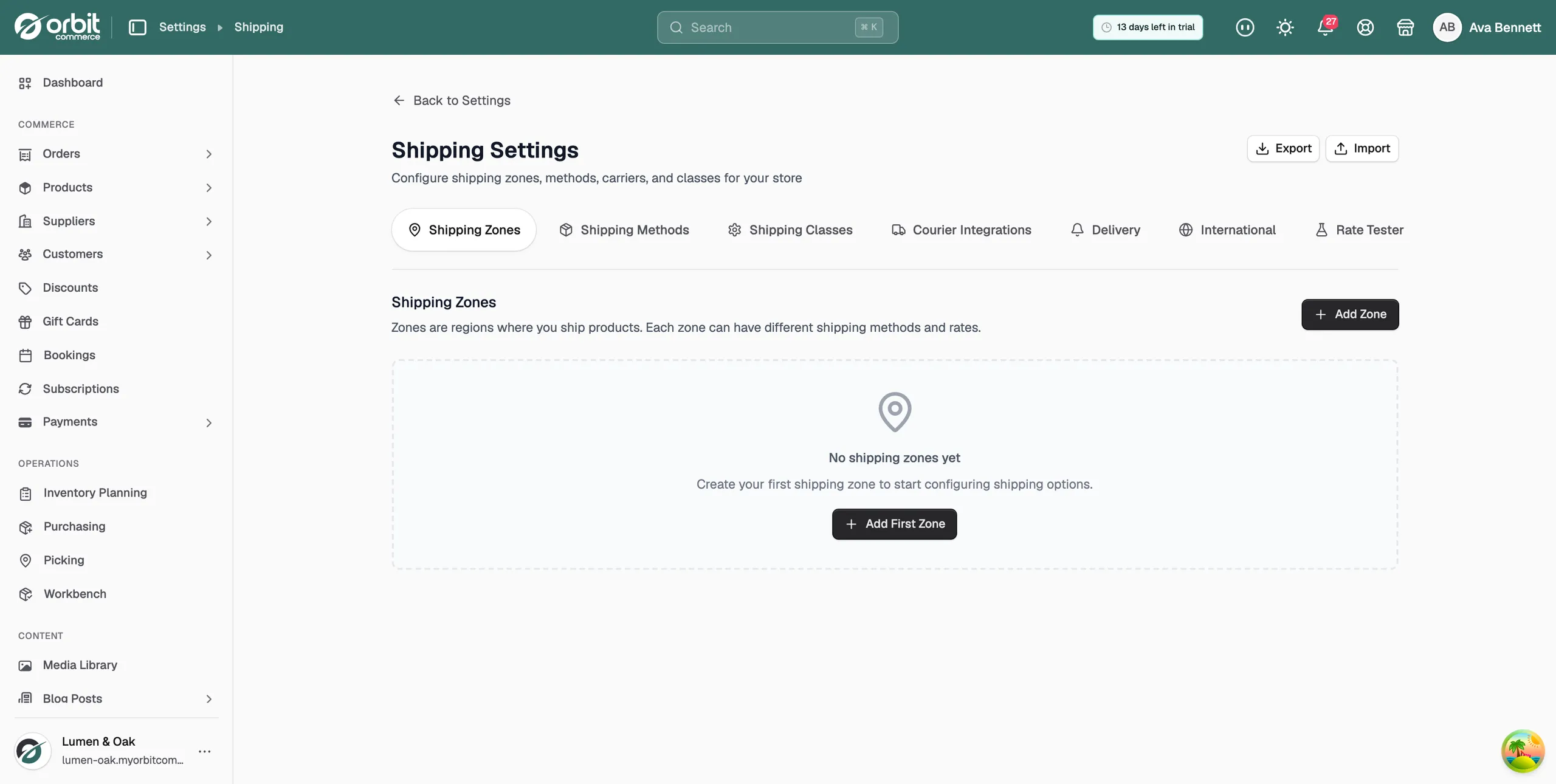 The Shipping Settings page on the Shipping Zones tab, showing the seven tabs and the Add First Zone button